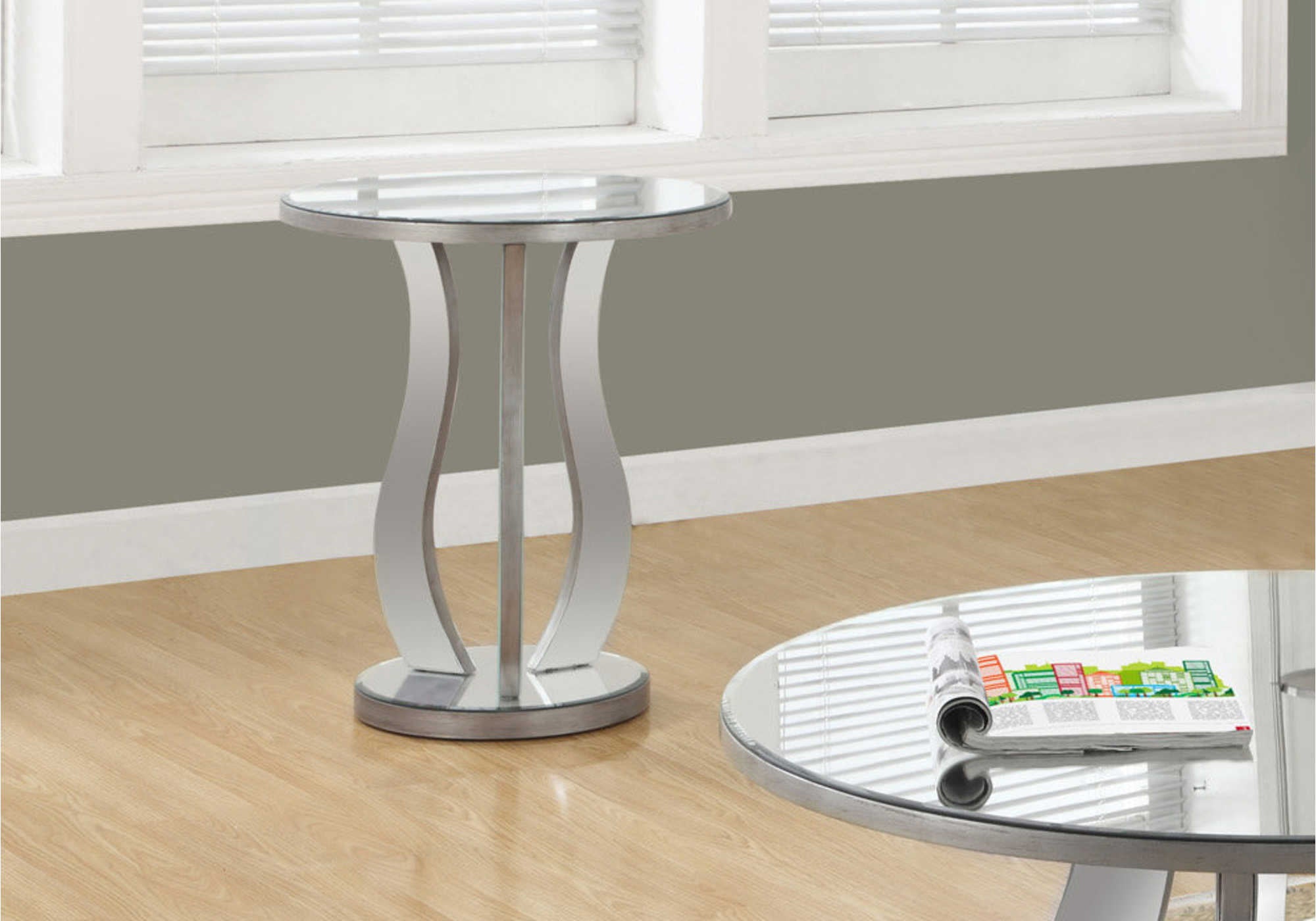 ACCENT TABLE - 20"DIA / BRUSHED SILVER / MIRROR