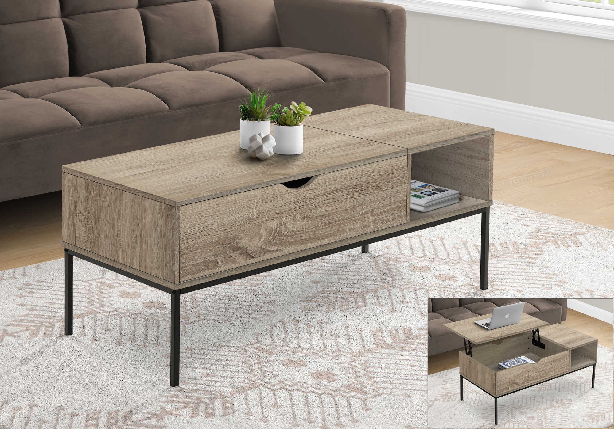 TABLE BASSE - 42"L / PLATEAU RELEVABLE TAUPE FONCÉ / MÉTAL NOIR