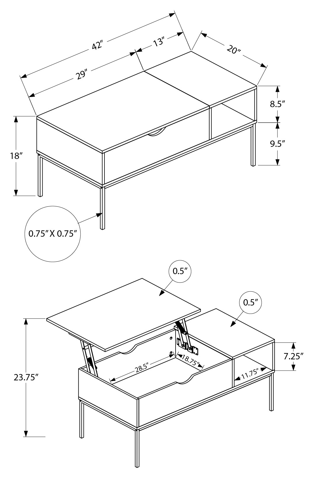 TABLE BASSE - 42"L / PLATEAU RELEVABLE TAUPE FONCÉ / MÉTAL NOIR