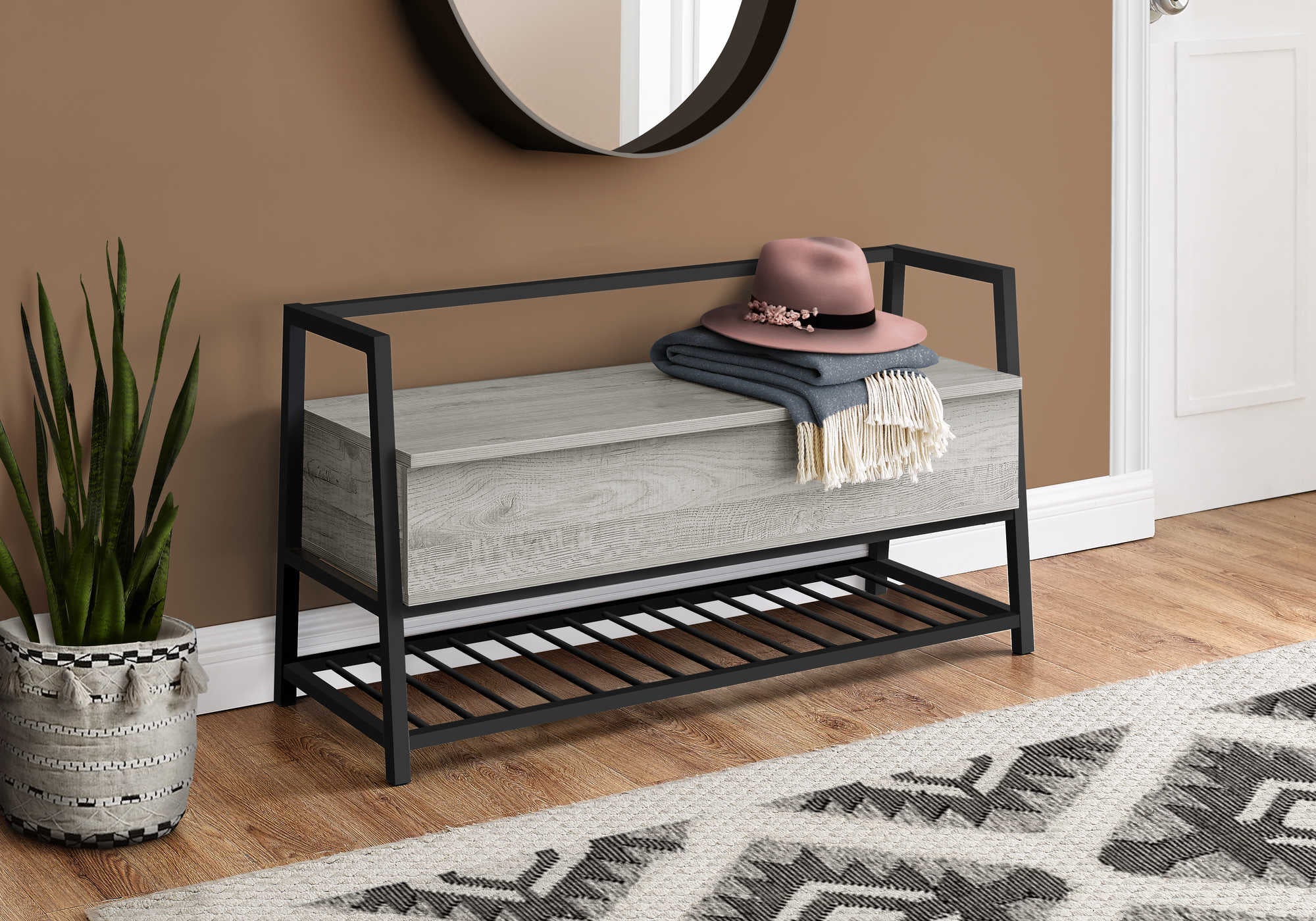 BANC - 42"L / RANGEMENT GRIS / MÉTAL NOIR