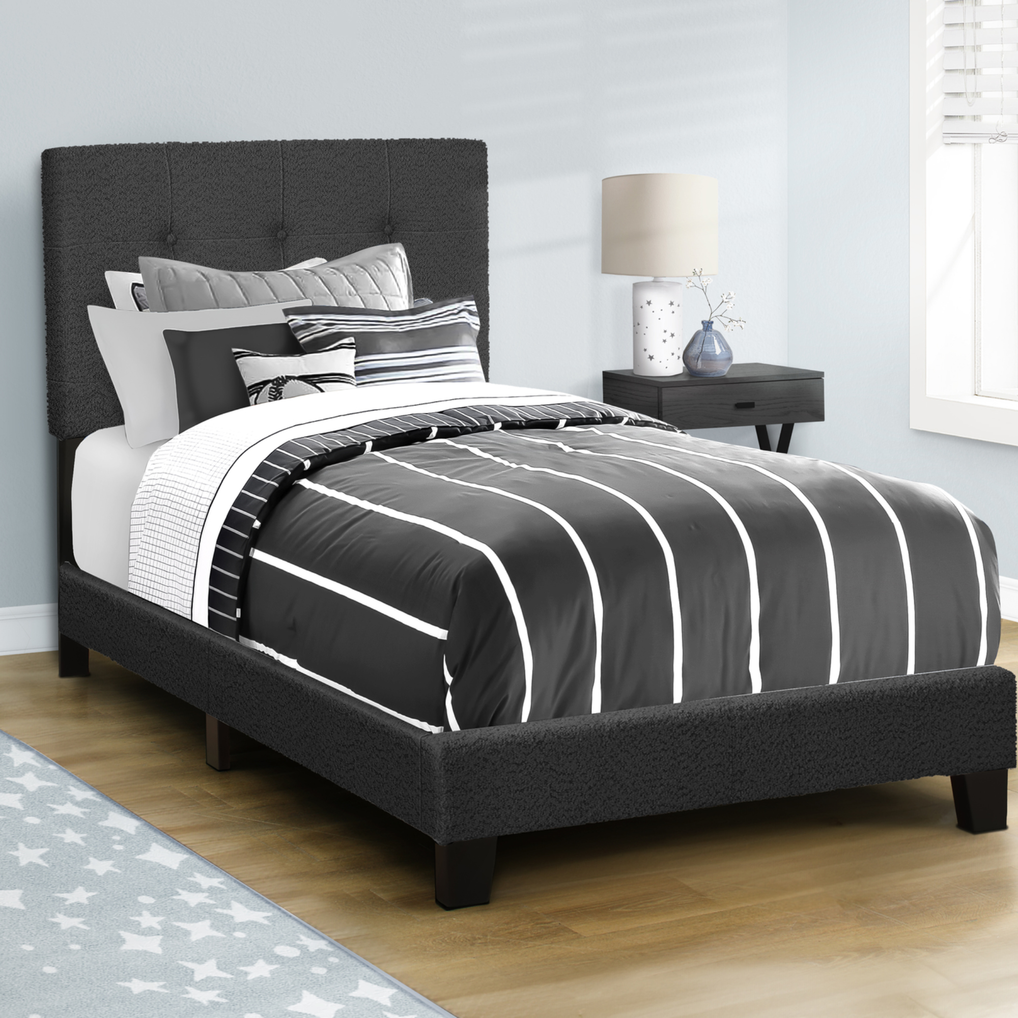 BOUCLE FABRIC UPHOLSTERED TWIN SIZE BED FRAME