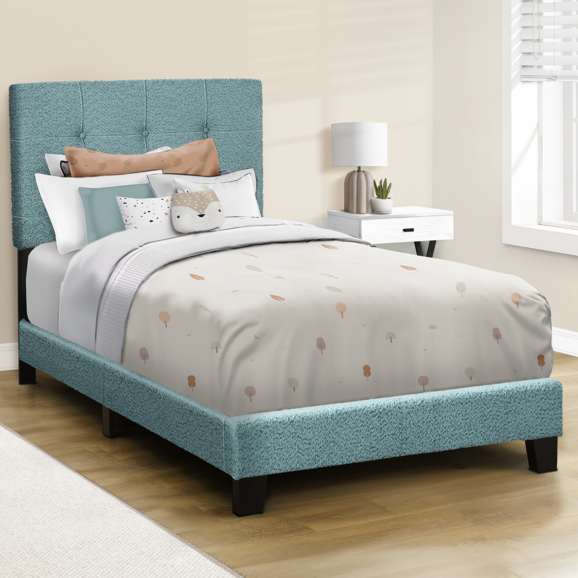 BOUCLE FABRIC UPHOLSTERED TWIN SIZE BED FRAME