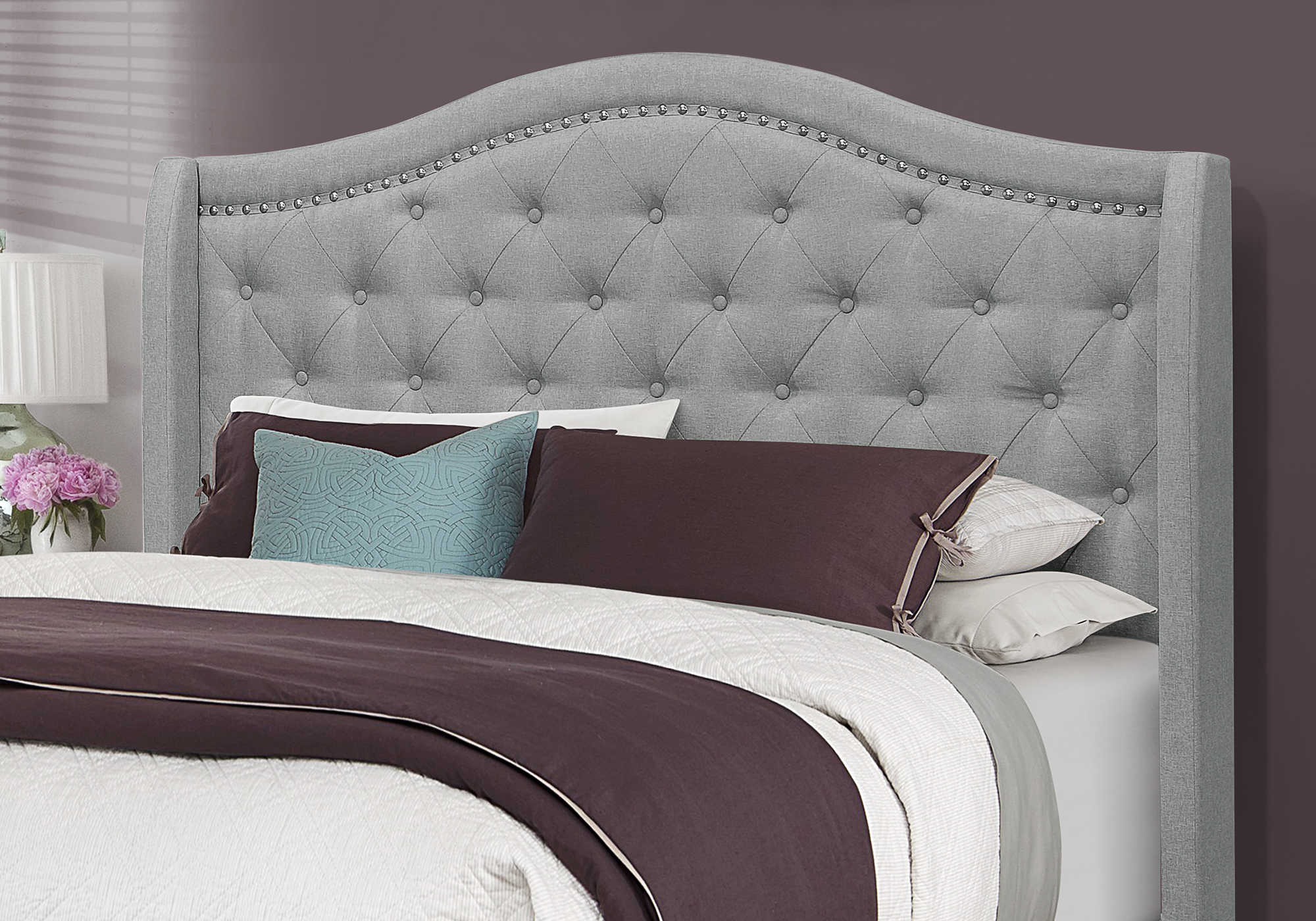BED - QUEEN SIZE / GREY LINEN WITH CHROME TRIM
