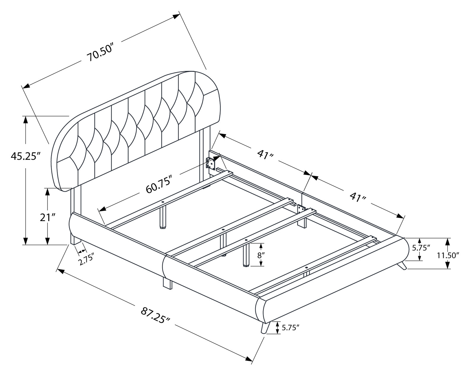 BED - QUEEN SIZE / BROWN LEATHER-LOOK WITH WOOD LEGS