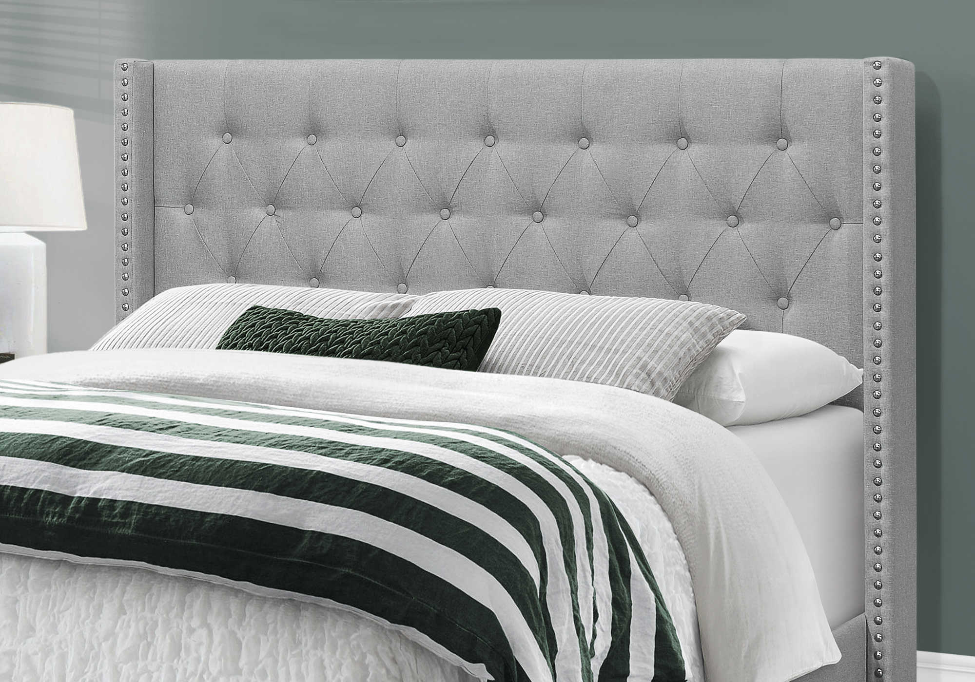 BED - QUEEN SIZE / GREY LINEN WITH CHROME TRIM
