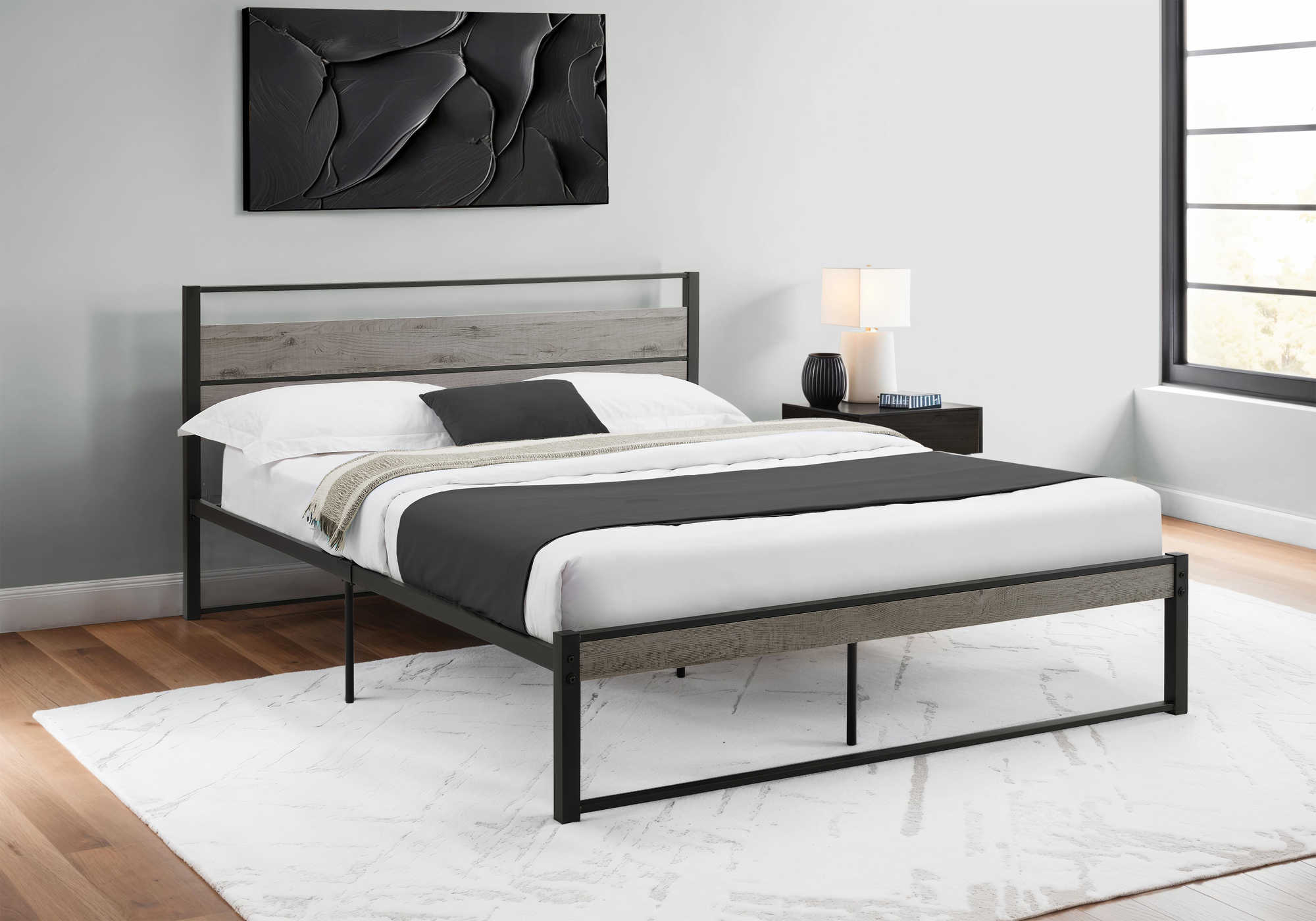 LIT - QUEEN SIZE / TAUPE FONCÉ / PLATEFORME EN MÉTAL NOIR