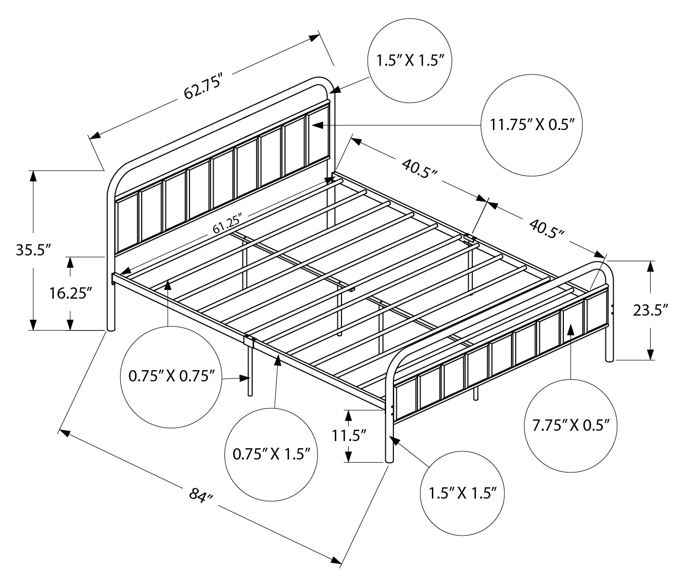LIT - QUEEN SIZE / TISSU GRIS / PLATEFORME EN MÉTAL NOIR