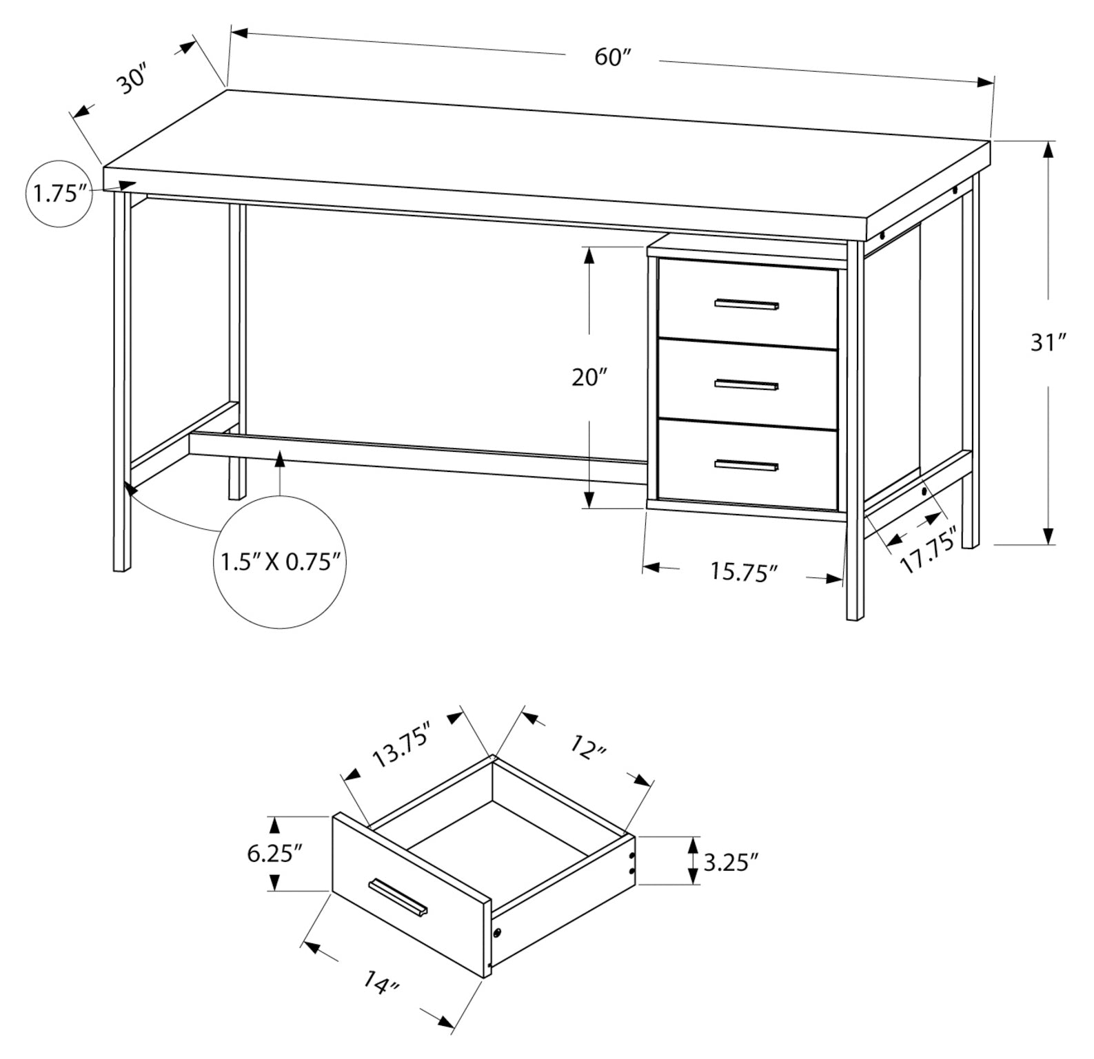 BUREAU D'ORDINATEUR - 60"L / BLANC / MÉTAL ARGENTÉ