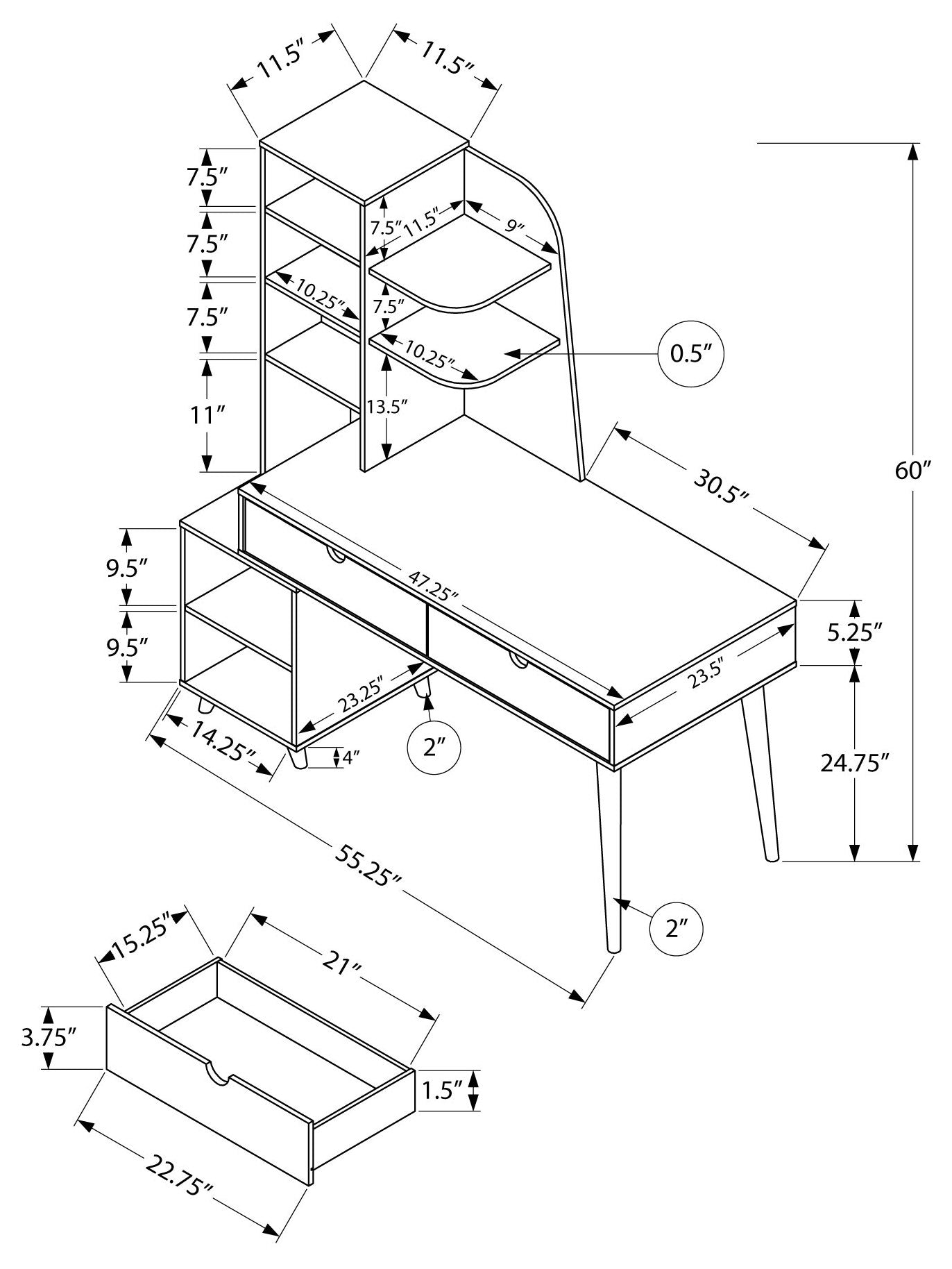 COMPUTER DESK - 55"L / ESPRESSO WITH BOOKCASE