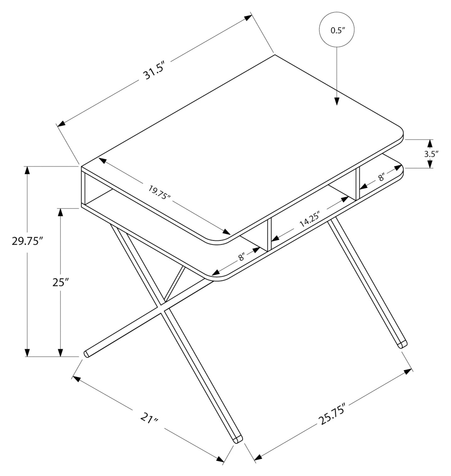 BUREAU D'ORDINATEUR - 31"L / DESSUS BLANC / MÉTAL ARGENTÉ