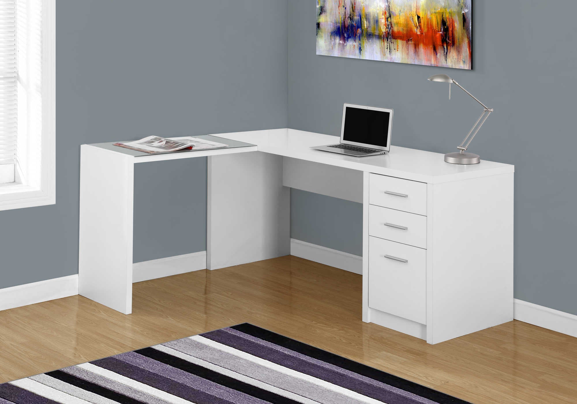 BUREAU D'ORDINATEUR - D'ANGLE BLANC AVEC VERRE TREMPÉ