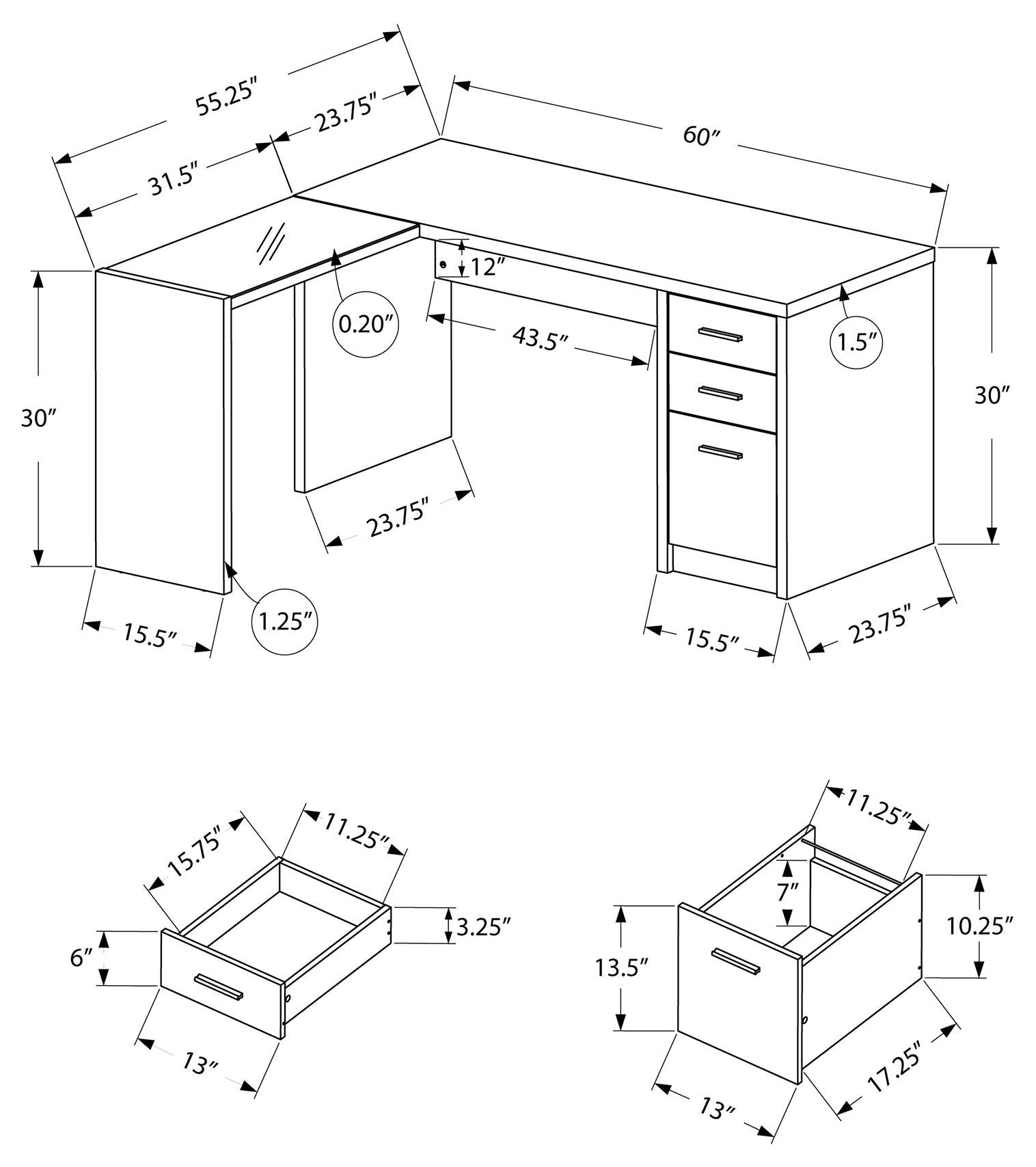 BUREAU D'ORDINATEUR - D'ANGLE BLANC AVEC VERRE TREMPÉ