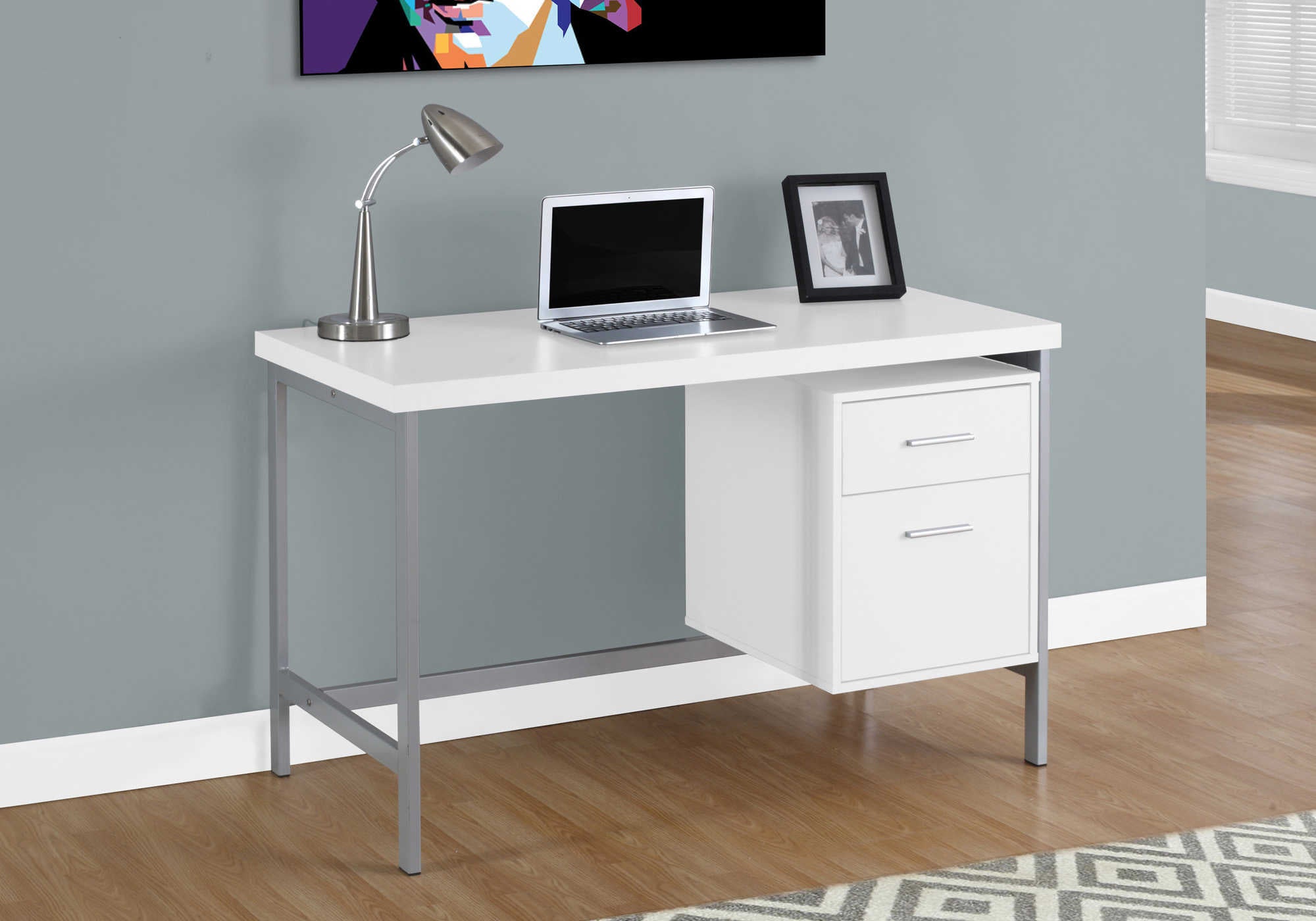 BUREAU D'ORDINATEUR - 48"L / BLANC / MÉTAL ARGENTÉ