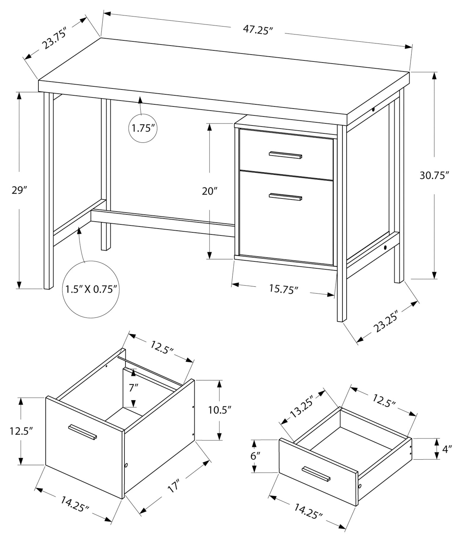 BUREAU D'ORDINATEUR - 48"L / BLANC / MÉTAL ARGENTÉ
