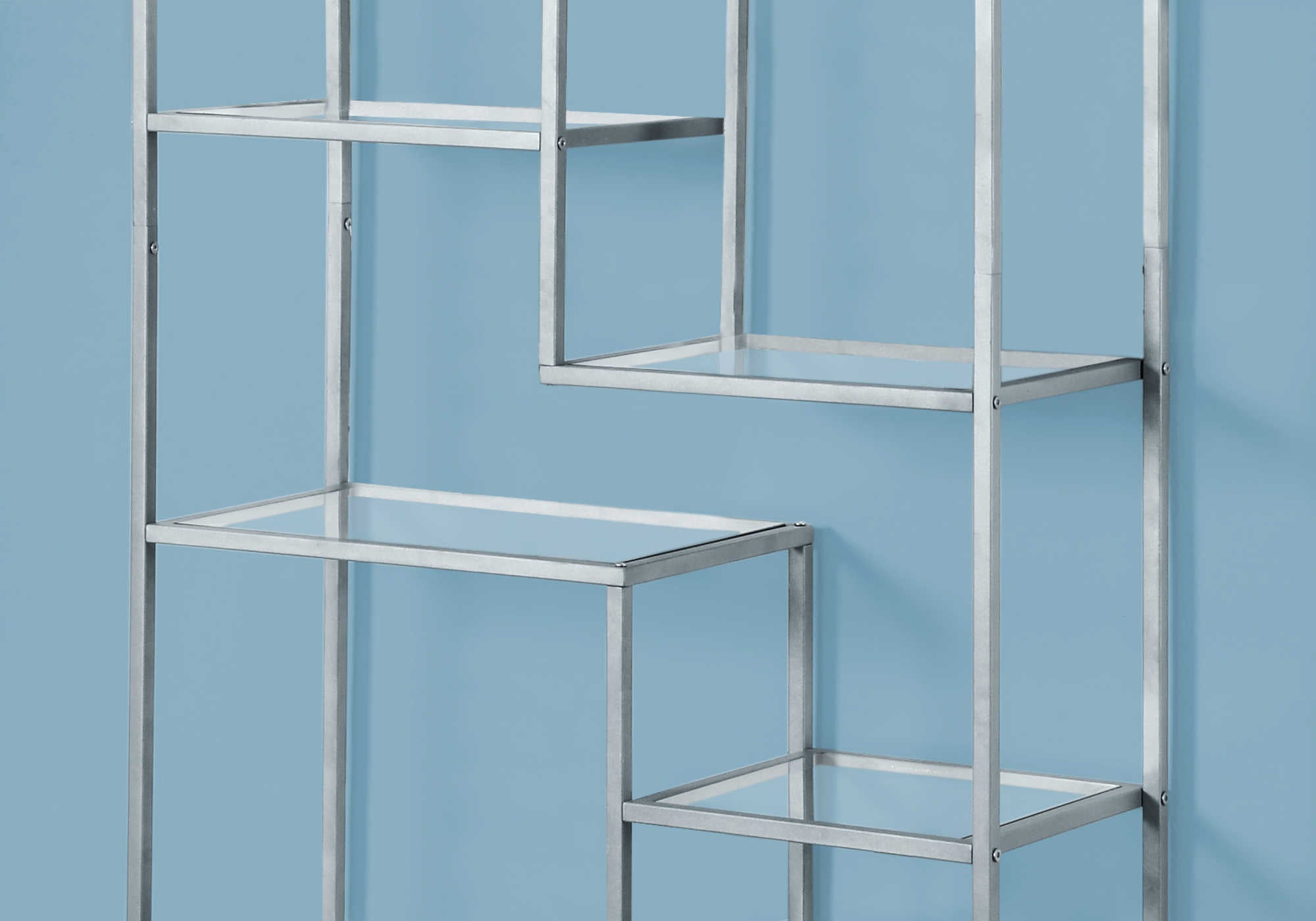 BOOKCASE - 72"H / SILVER METAL WITH TEMPERED GLASS