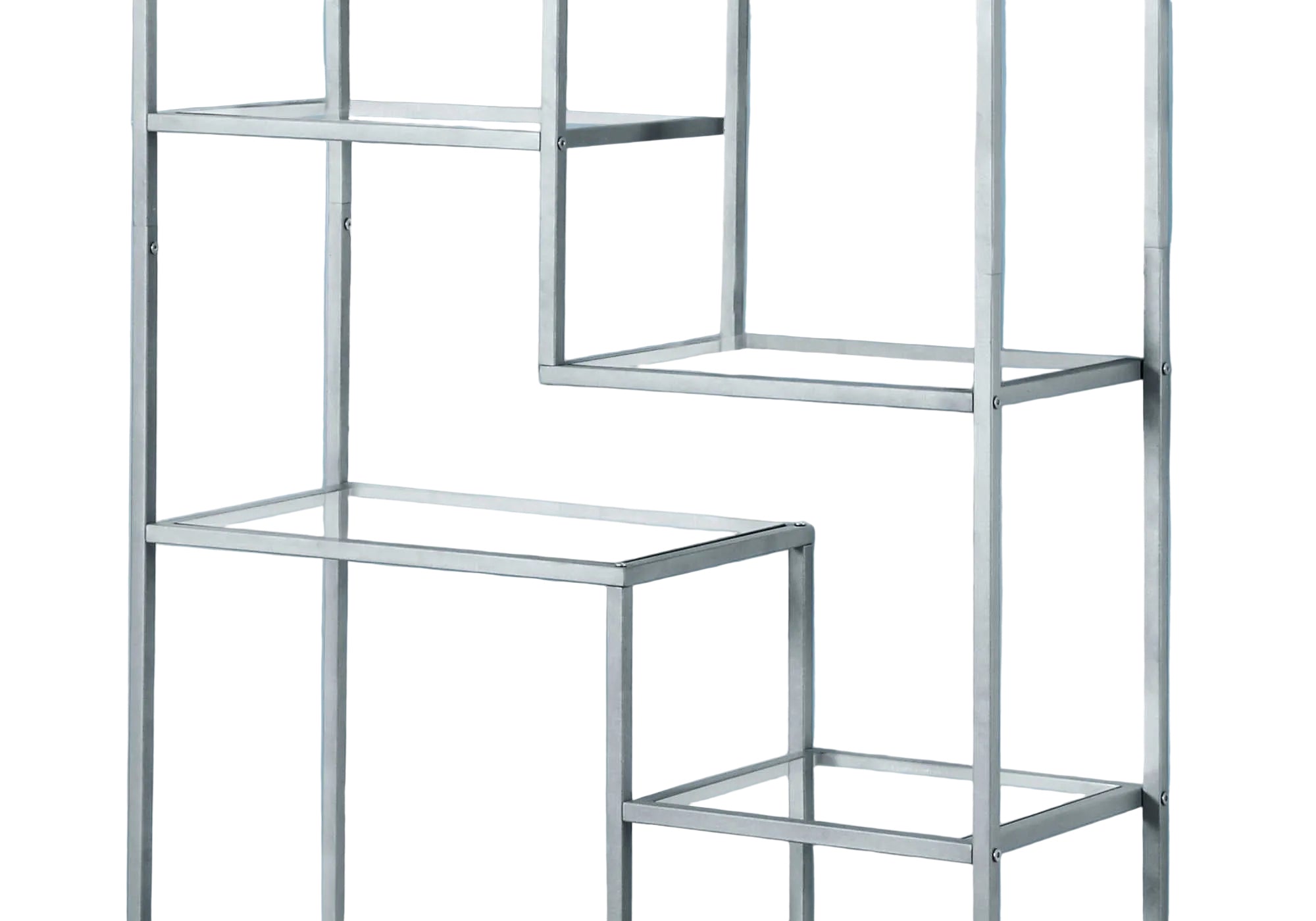 BOOKCASE - 72"H / SILVER METAL WITH TEMPERED GLASS