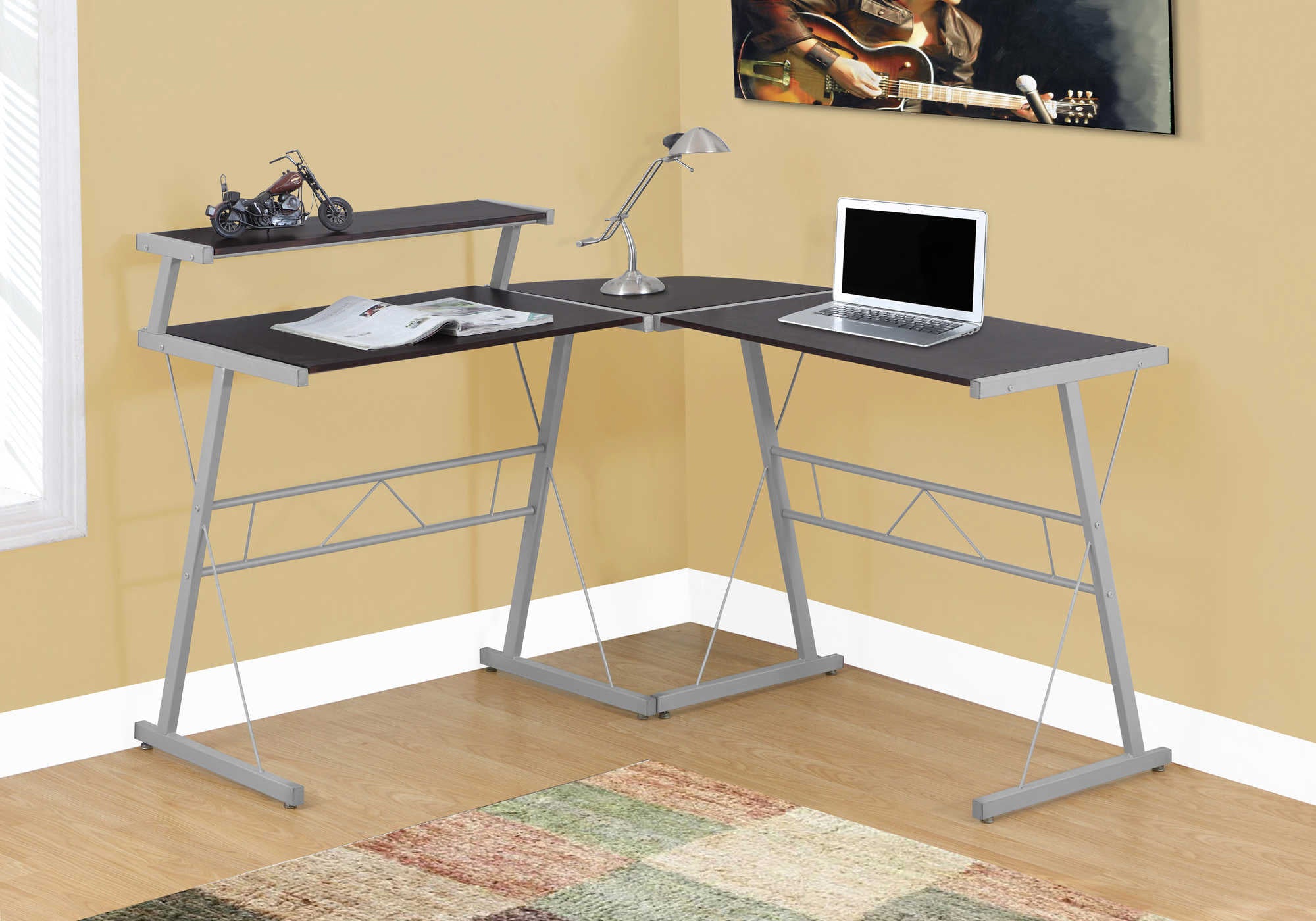 BUREAU D'ORDINATEUR - PLATEAU ESPRESSO / MÉTAL ARGENTÉ