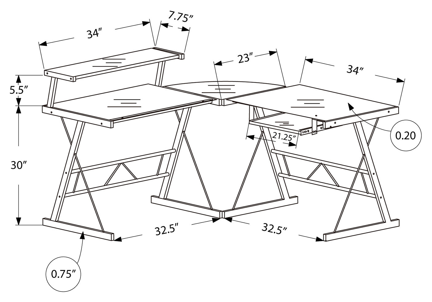BUREAU D'ORDINATEUR - ANGLE EN MÉTAL NOIR AVEC VERRE TREMPÉ