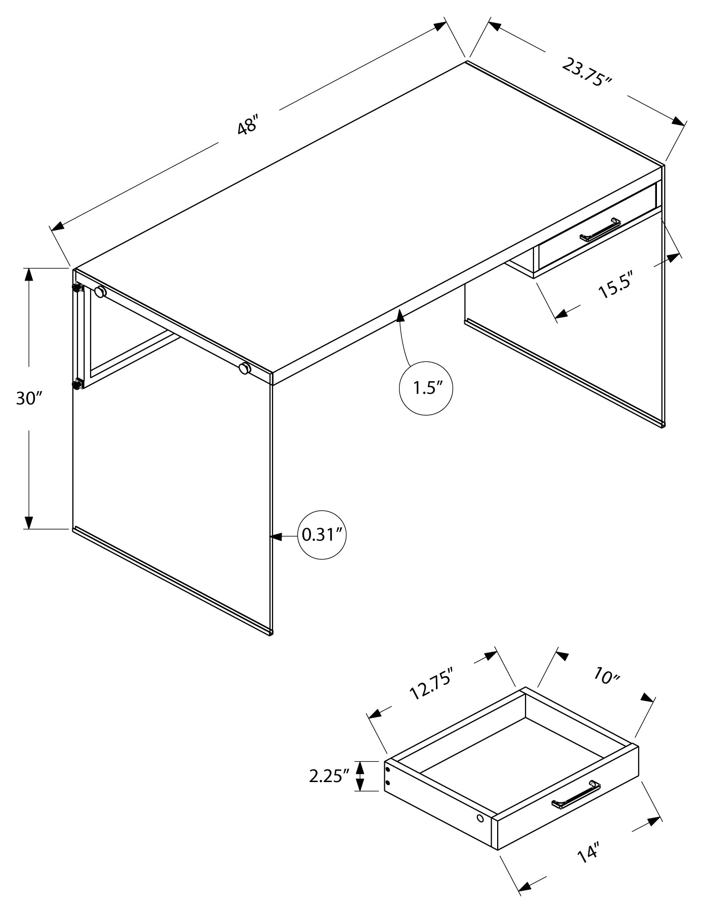 COMPUTER DESK - 48"L / GLOSSY WHITE / TEMPERED GLASS