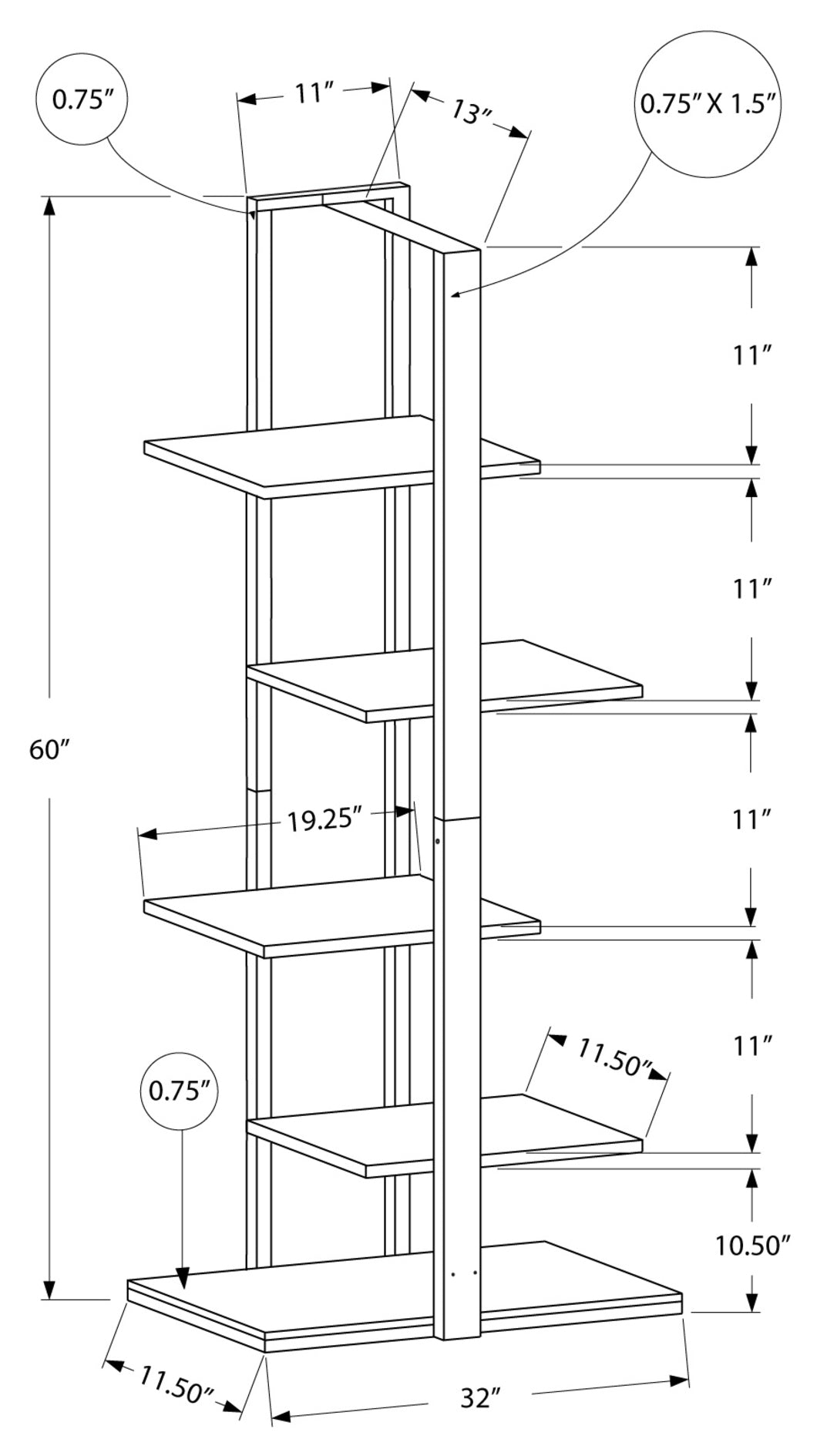 BOOKCASE - 60"H / BLACK / BLACK METAL
