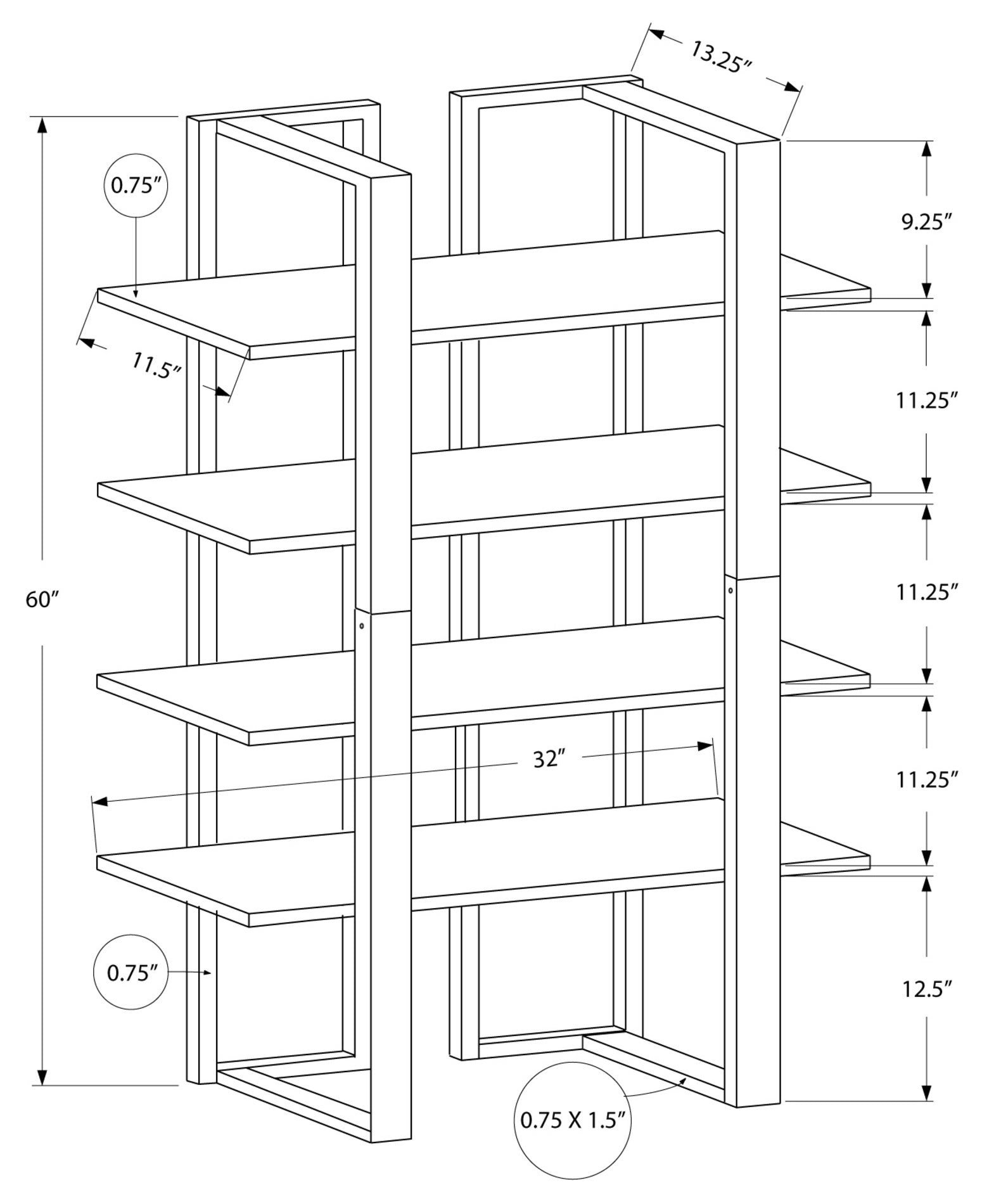 BOOKCASE - 60"H / DARK TAUPE / BLACK METAL