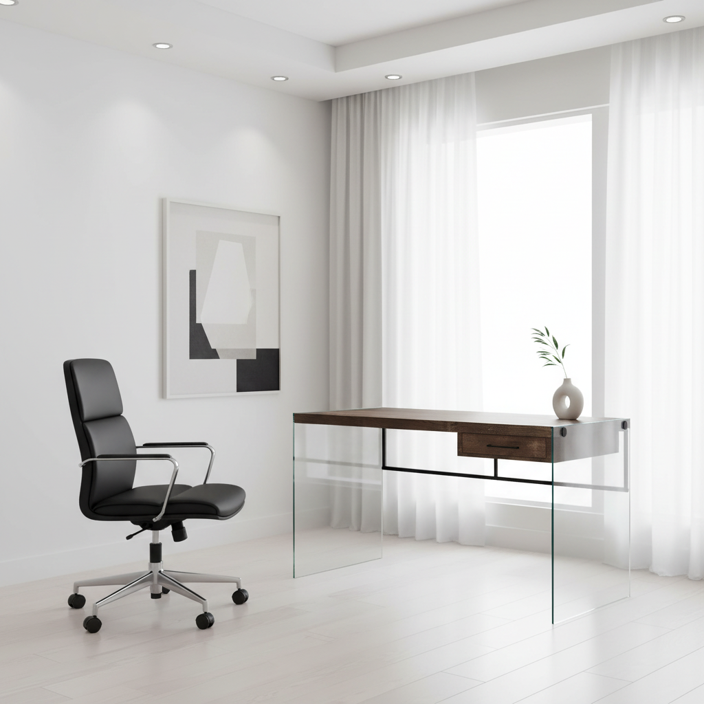 BUREAU D'ORDINATEUR - 48"L / BLANC BRILLANT / VERRE TREMPÉ