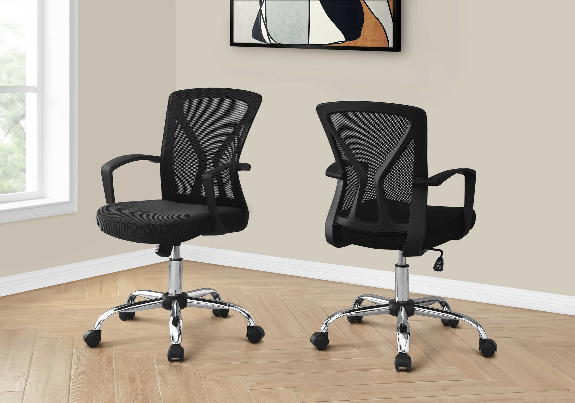 CHAISE DE BUREAU - BASE NOIRE / CHROMÉE SUR ROULETTES
