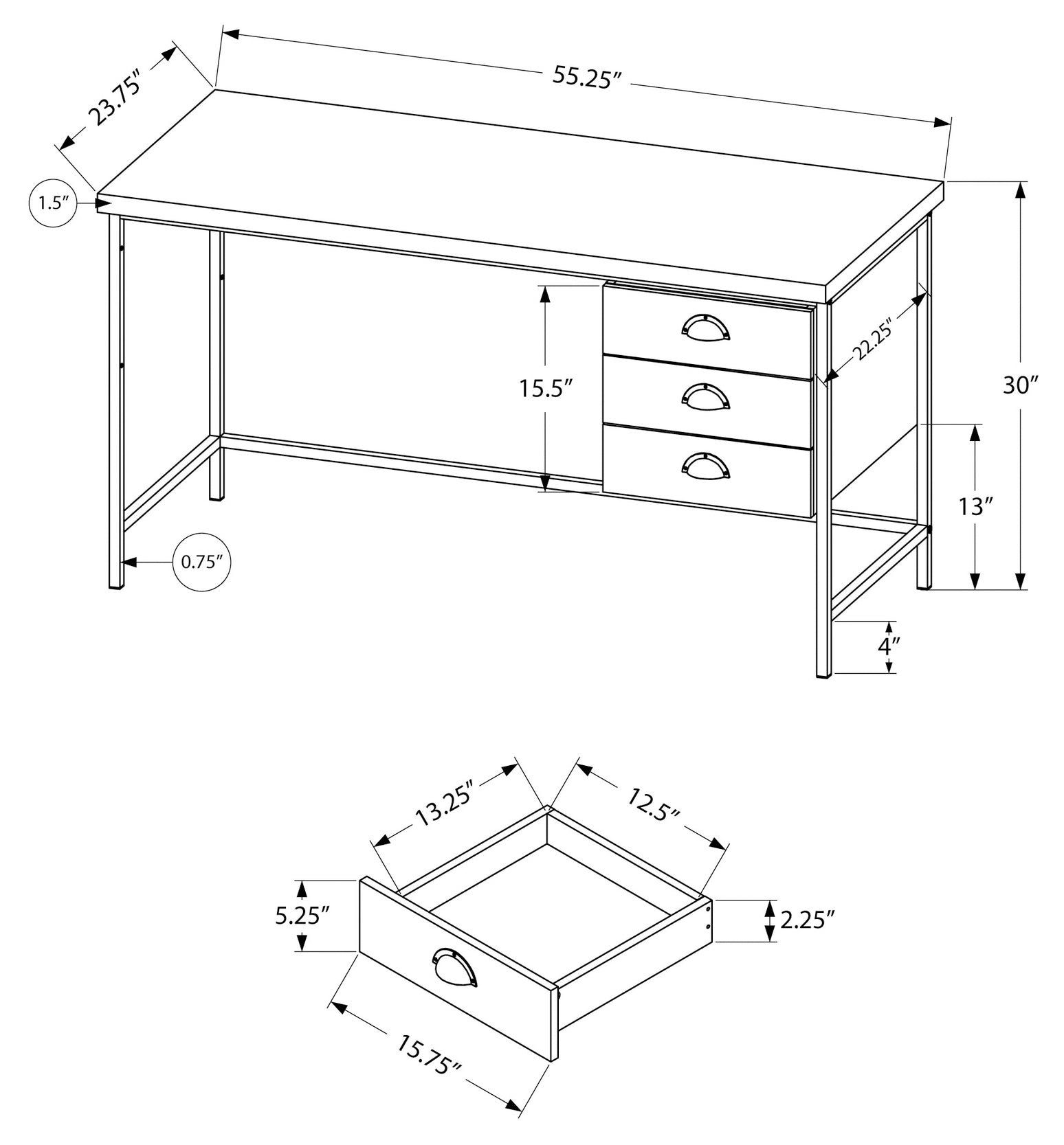 BUREAU D'ORDINATEUR - 55"L / BOIS RÉCUPÉRÉ BRUN / MÉTAL NOIR