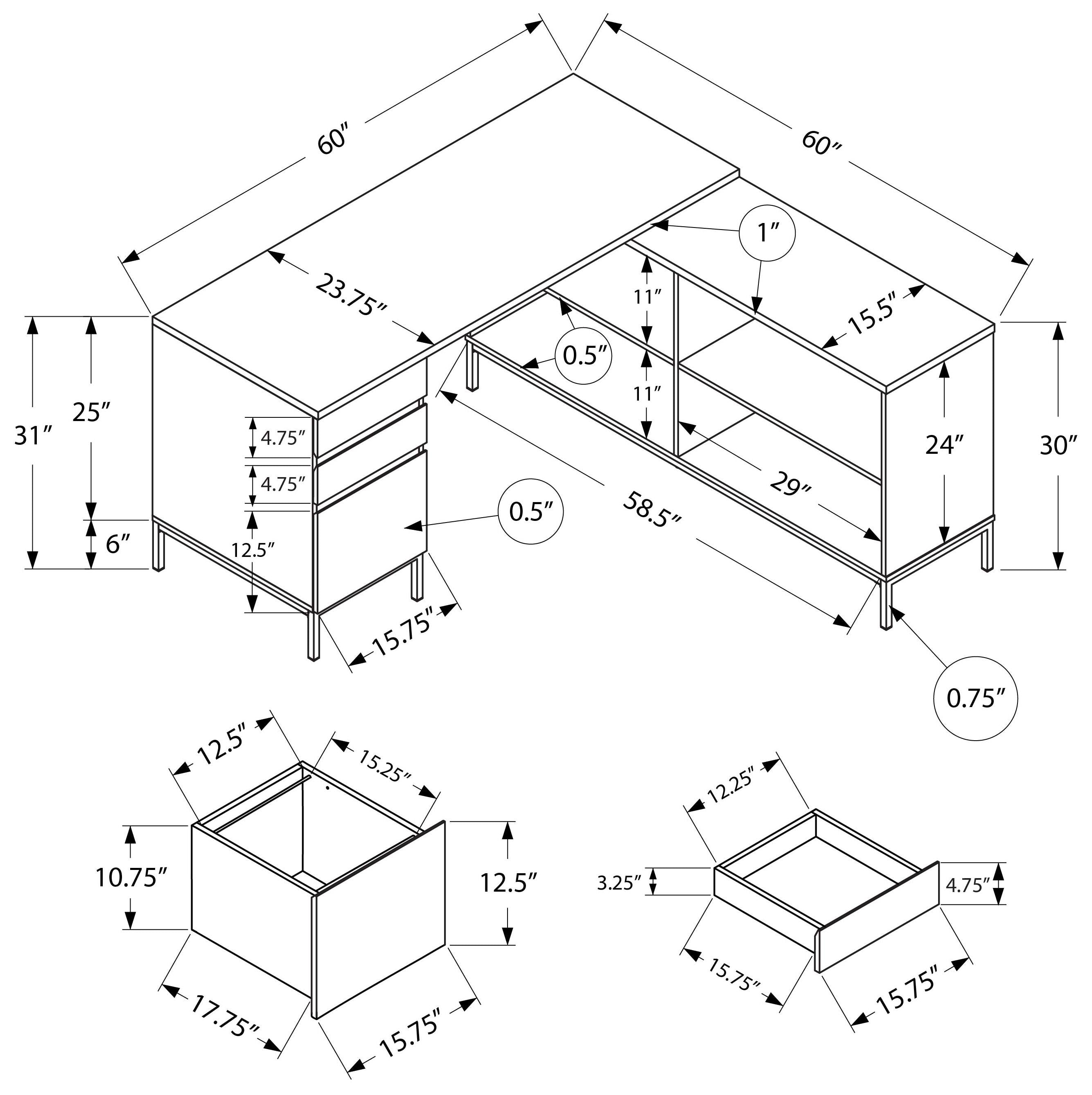 BUREAU D'ORDINATEUR - 60"L / ANGLE EN L BRUN RUSTIQUE