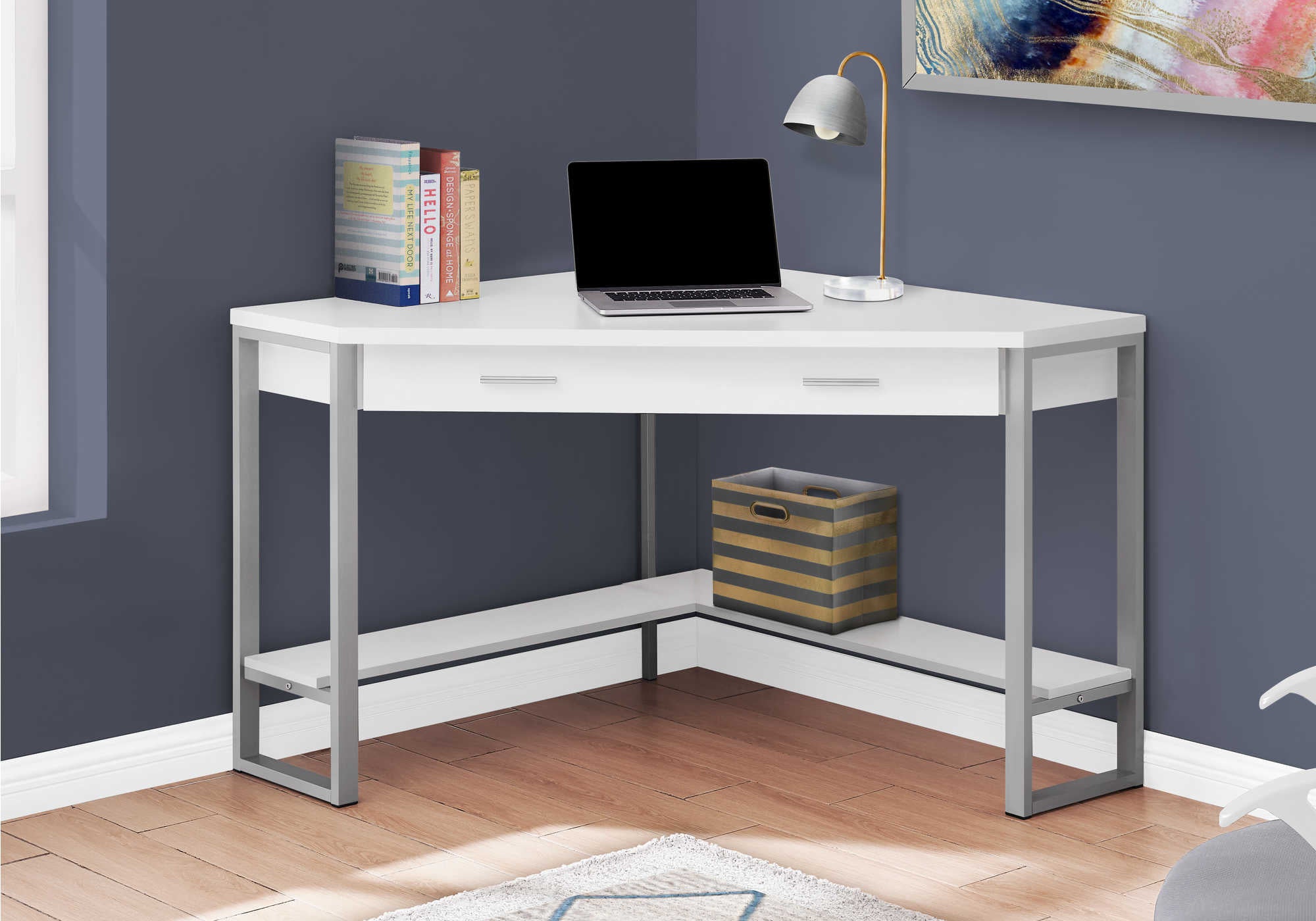 BUREAU D'ORDINATEUR - 42"L / COIN BLANC / MÉTAL ARGENTÉ