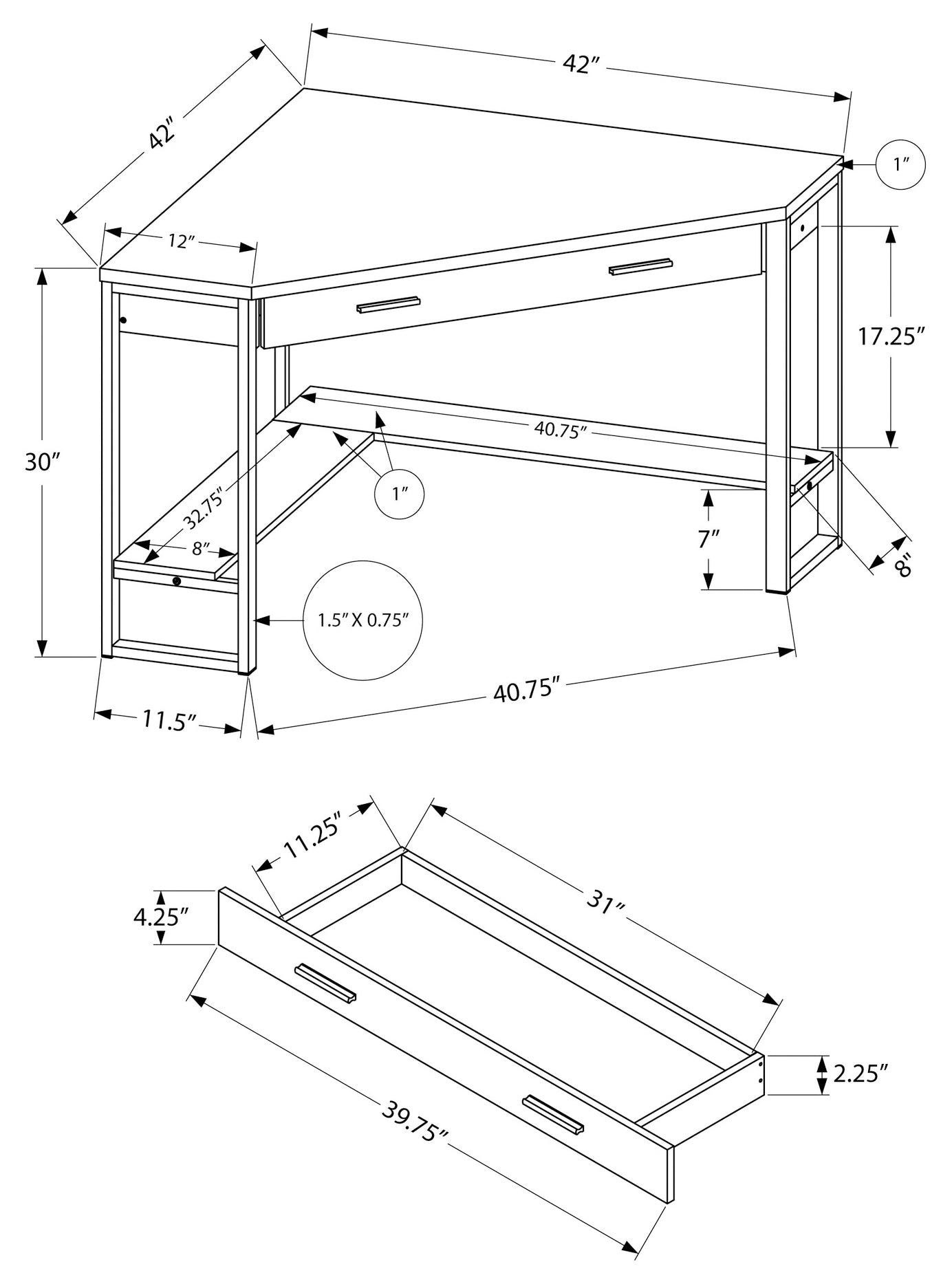 BUREAU D'ORDINATEUR - 42"L / COIN BLANC / MÉTAL ARGENTÉ