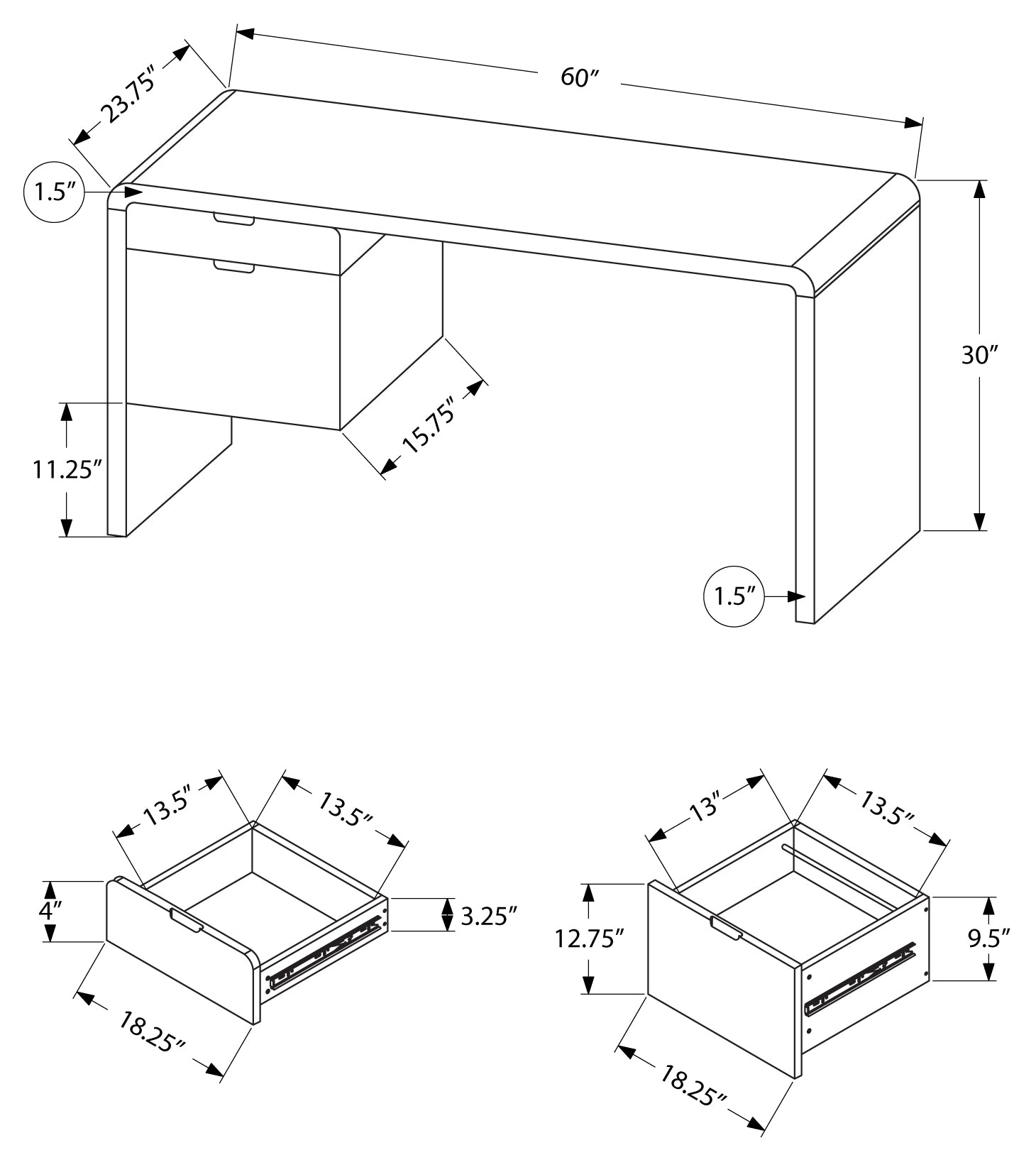 COMPUTER DESK - 60"L / HIGH GLOSSY WHITE L/R FACE DRAWER