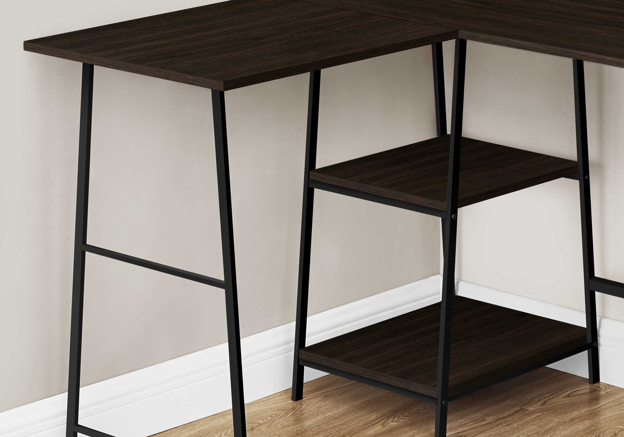 COMPUTER DESK - 48"L / ESPRESSO TOP / BLACK METAL CORNER