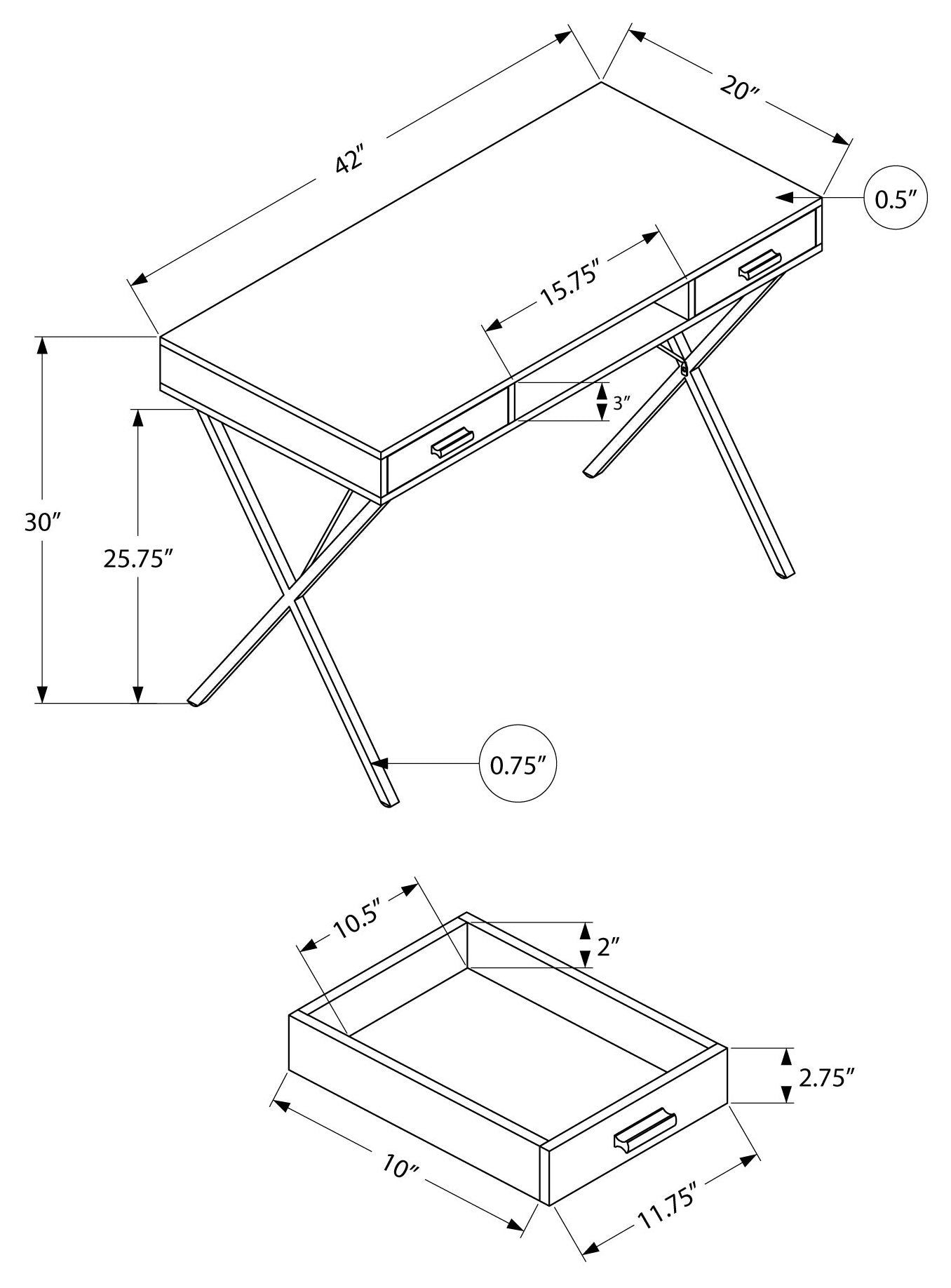 COMPUTER DESK - 42"L / WHITE / BLACK METAL
