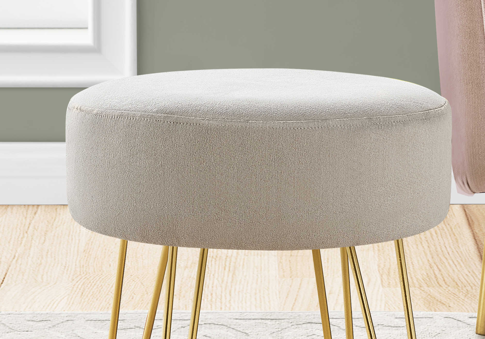 OTTOMAN - BEIGE FABRIC / GOLD METAL LEGS