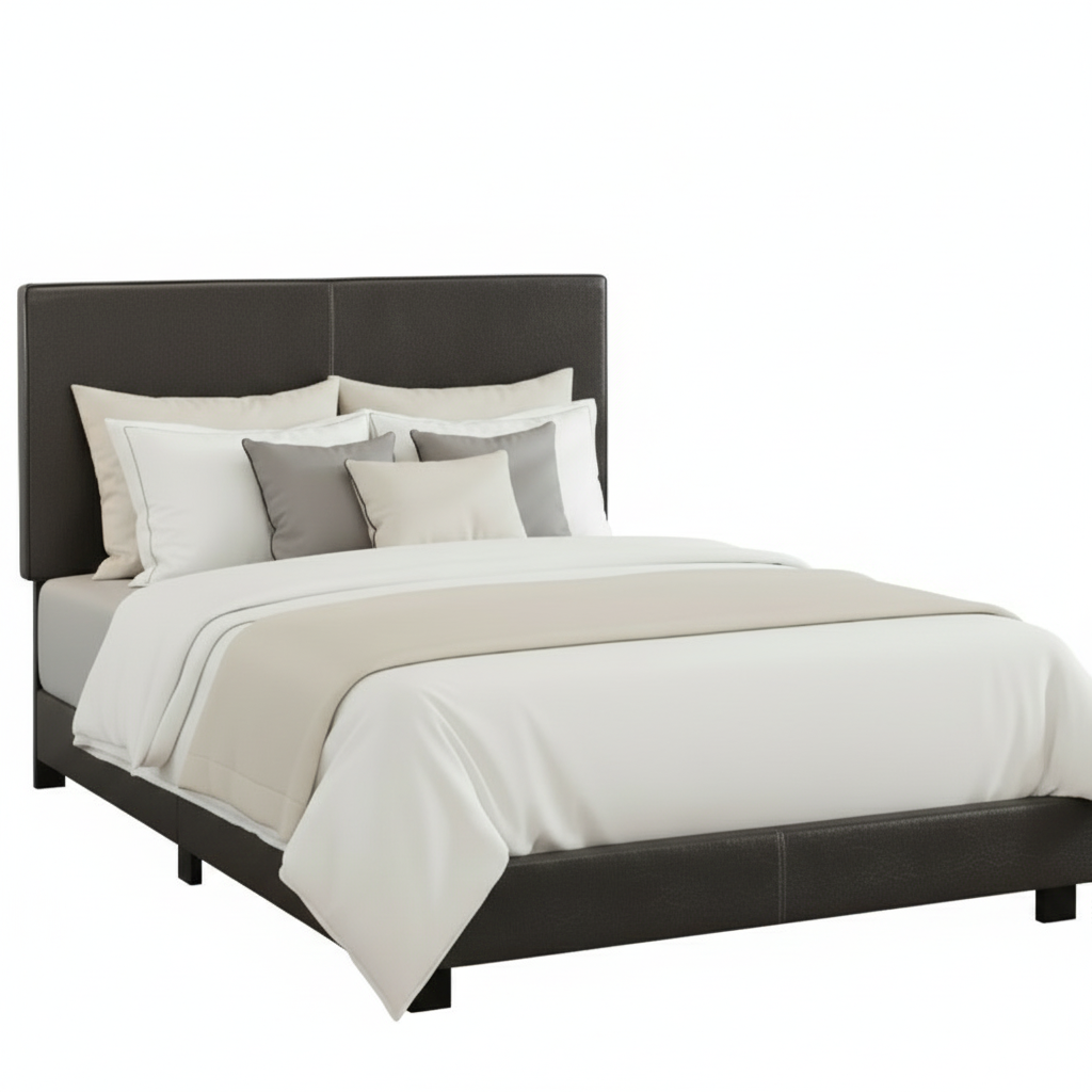 BED - FULL SIZE / DARK BROWN LEATHER-LOOK