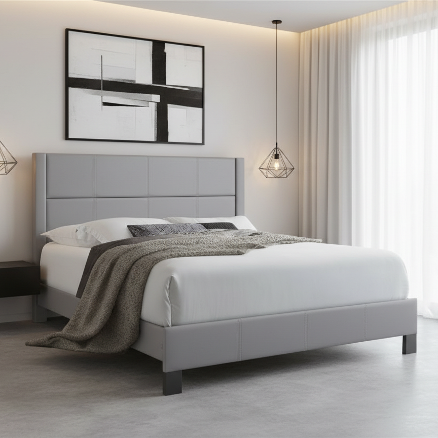 Lit IF 5353 en PU gris avec coutures contrastées