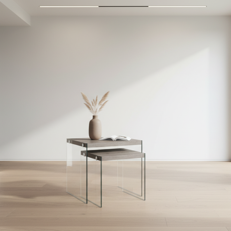 TABLES GIGOGNES - ENSEMBLE 2 PIÈCES / TAUPE FONCÉ / VERRE TREMPÉ