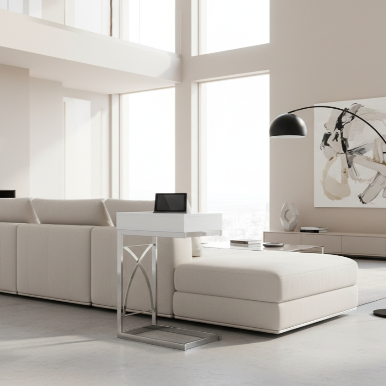 TABLE D'APPOINT - MÉTAL CHROME / BLANC BRILLANT AVEC TIROIR