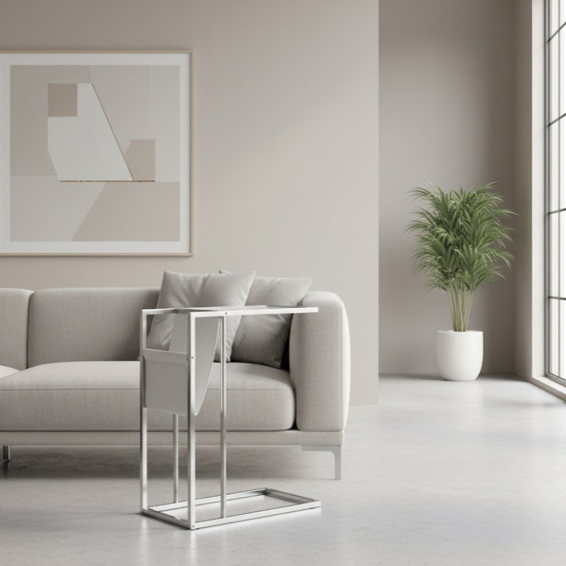 TABLE D'APPOINT - BLANC / MÉTAL CHROME AVEC PORTE-REVUES