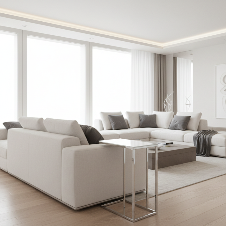 TABLE D'APPOINT - MÉTAL CHROMÉ AVEC VERRE TREMPÉ DÉPOLI