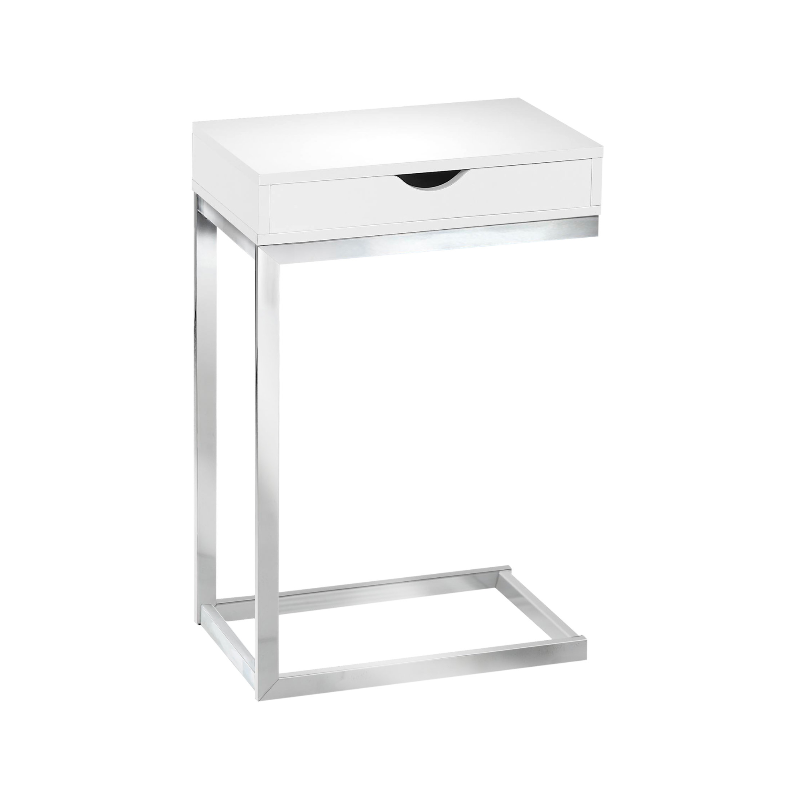 TABLE D'APPOINT - MÉTAL CHROME / BLANC BRILLANT AVEC TIROIR