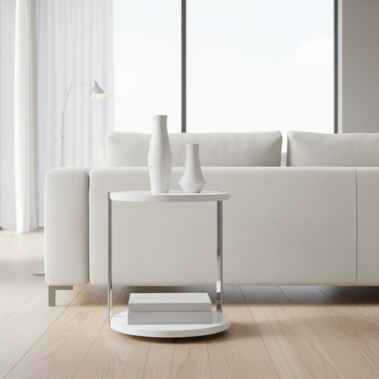 TABLE D'APPOINT - BLANC BRILLANT / MÉTAL CHROME