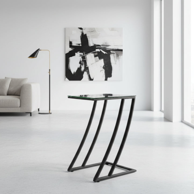 TABLE D'APPOINT - MÉTAL NOIR AVEC VERRE TREMPÉ