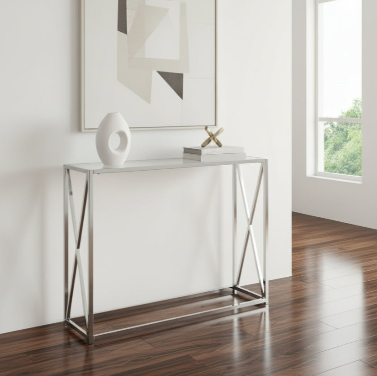TABLE D'APPOINT - 42"L / MÉTAL CHROMÉ AVEC VERRE TREMPÉ