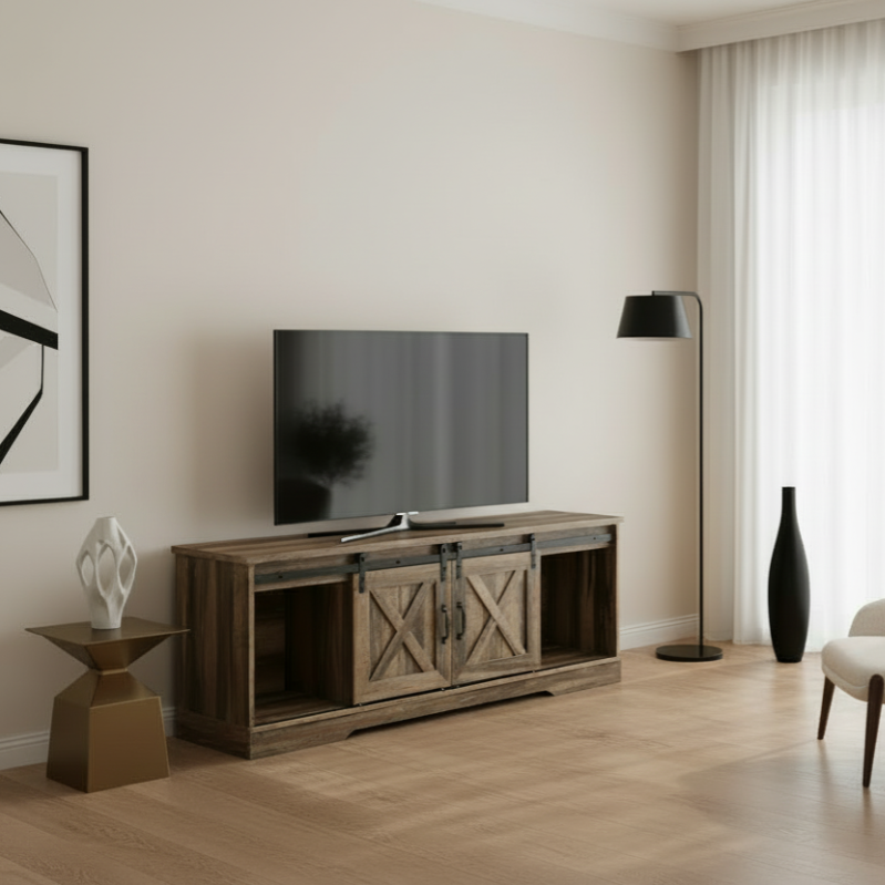 MEUBLE TV - 60" L / ASPECT RÉCUPÉRÉ BRUN / 2 PORTES COULISSANTES