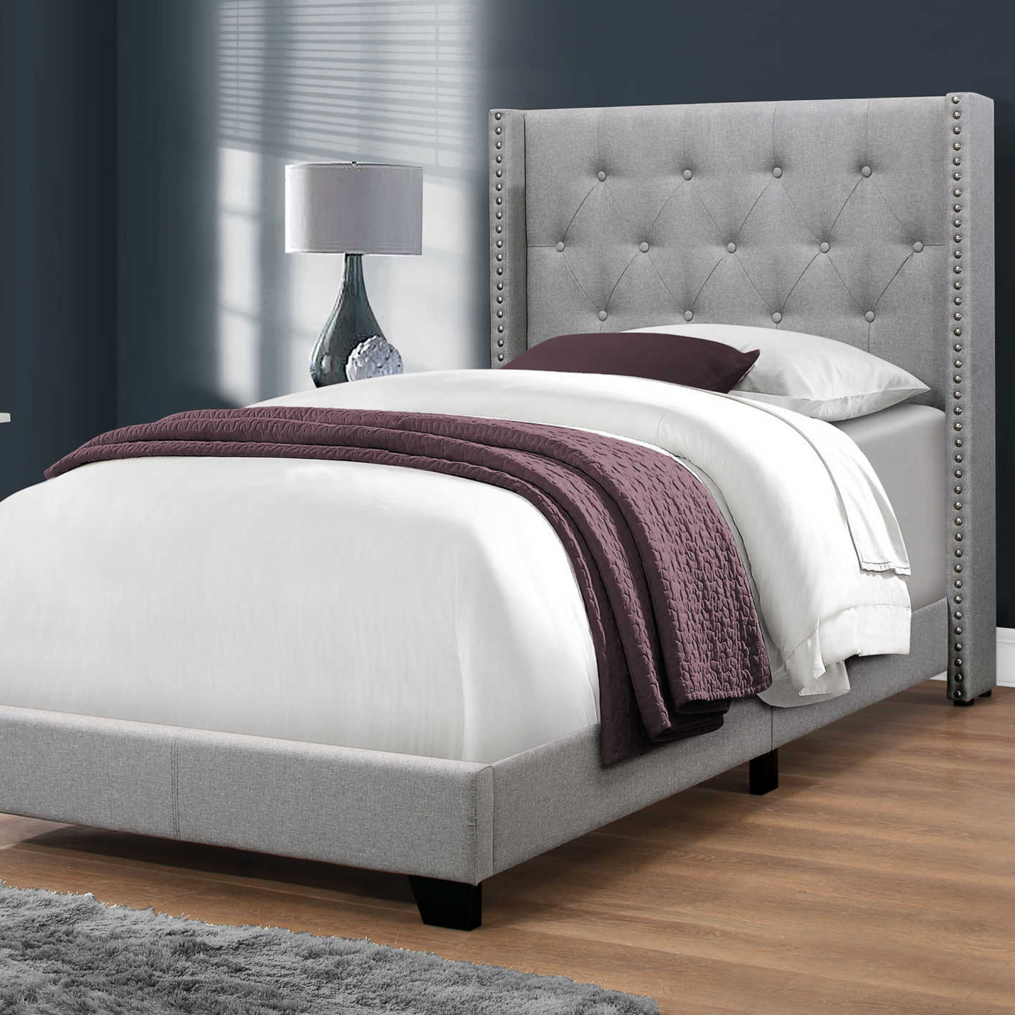 BED - TWIN SIZE / GREY LINEN WITH CHROME TRIM