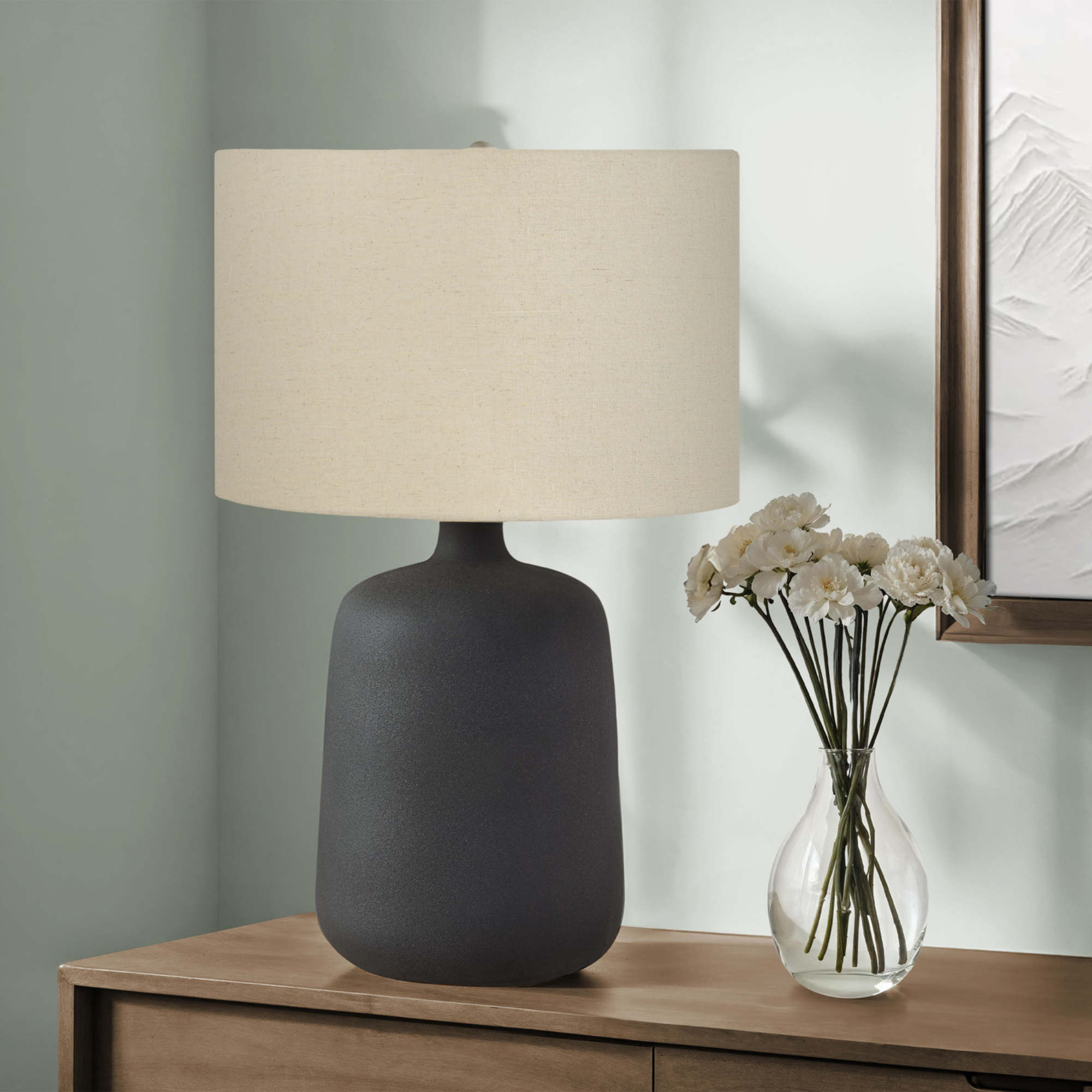 LIGHTING - 24"H TABLE LAMP BLACK CERAMIC BEIGE SHADE
