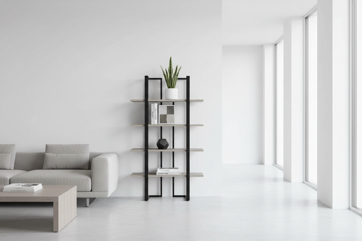 BOOKCASE - 60"H / DARK TAUPE / BLACK METAL