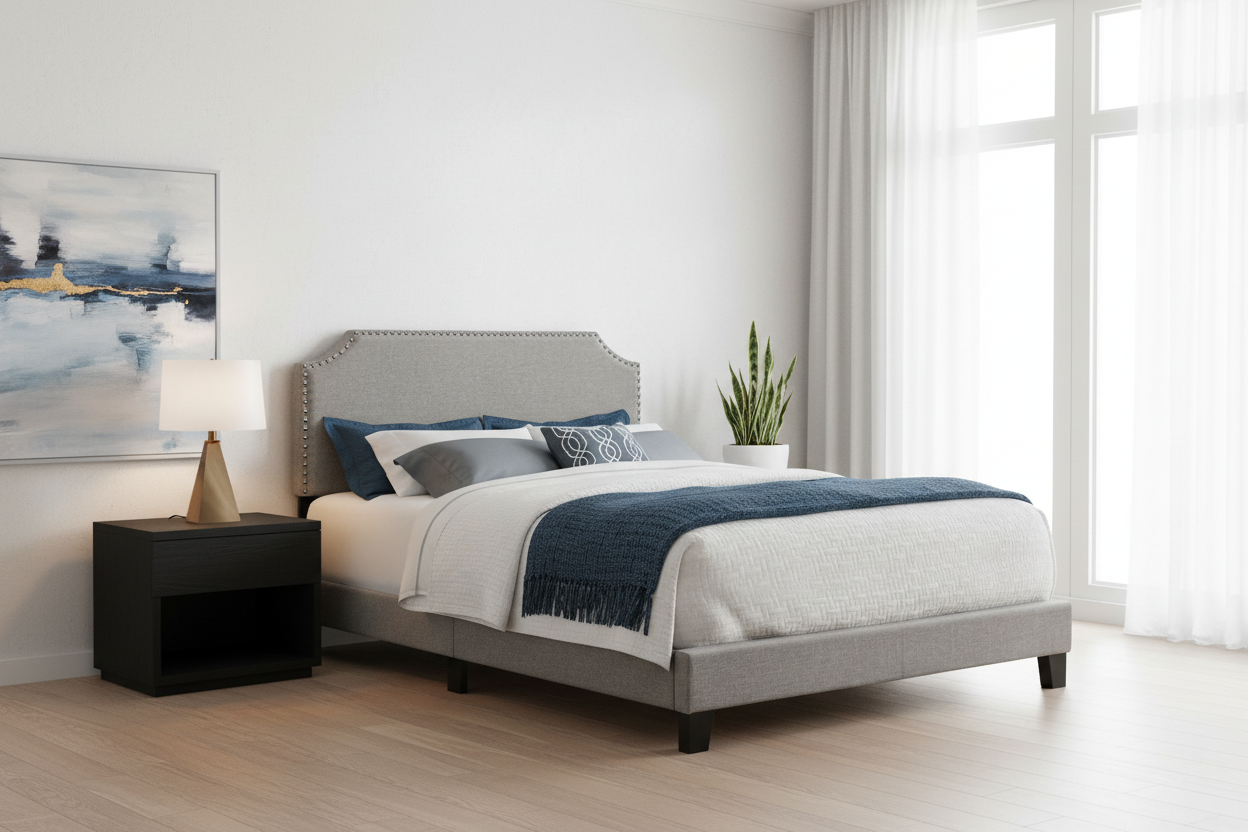 LIT - QUEEN SIZE / LIN GRIS AVEC BORDURE CHROMÉE